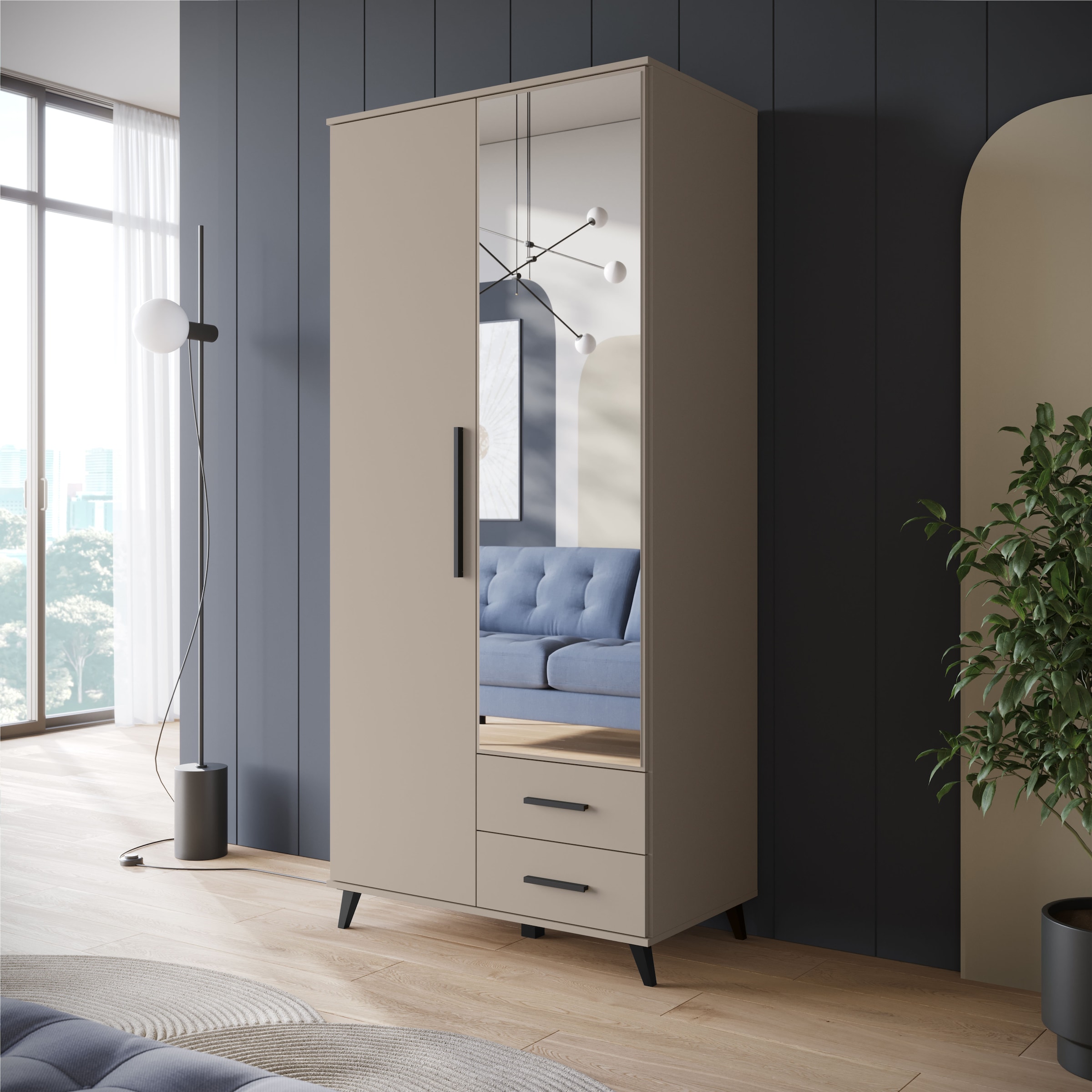INOSIGN Kleiderschrank »Lagos, Garderobe Schlafzimmerschrank Wäscheschrank Bestseller«, (in 2 Farben und 2 Breiten erhältlich), Moderner Drehtürenschrank mit Spiegeltür, Breite 90 cm, 2 Schubladen
