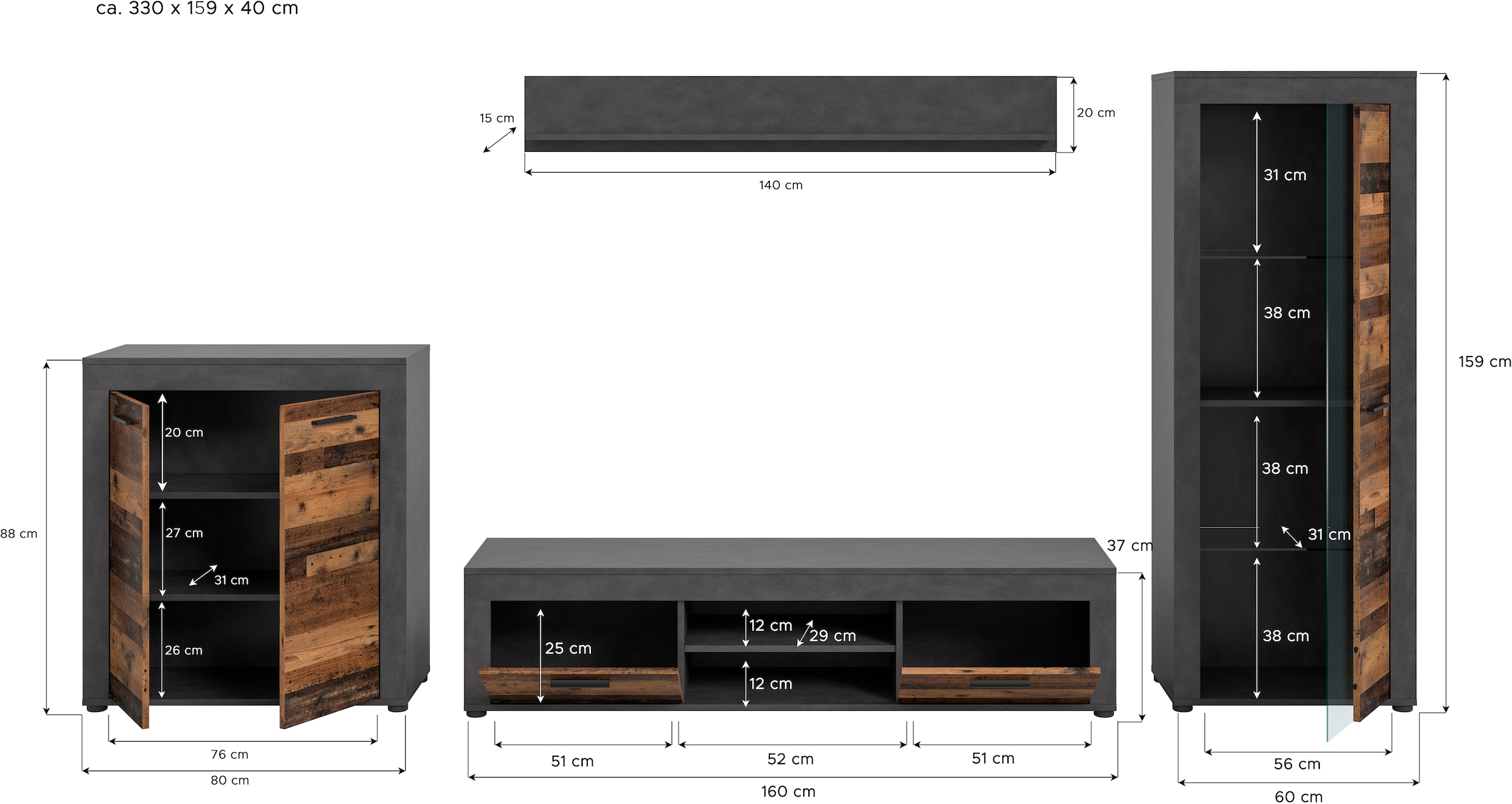 INOSIGN Wohnwand »Aosta, Breite 330cm, best. aus Highboard, Lowboard, Wandboard, Vitrine«, (4 St.), Wohnwand, Kombination, Anbauwand, Möbel Set, Schrankwand, Möbel Kombi