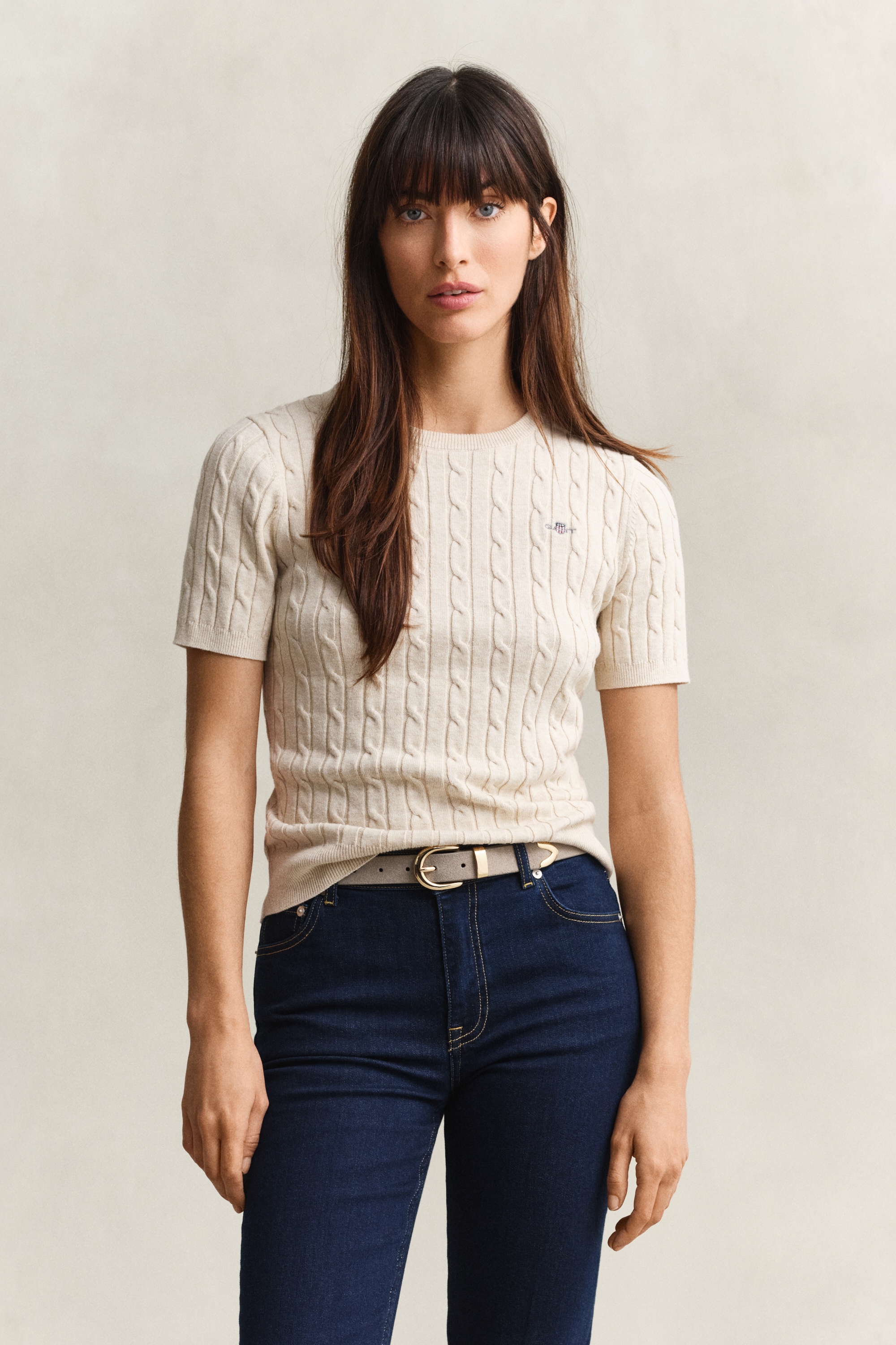 Gant Kurzarmpullover »STRETCH COTTON CABLE« Slim fit mit Rundhalsausschnitt