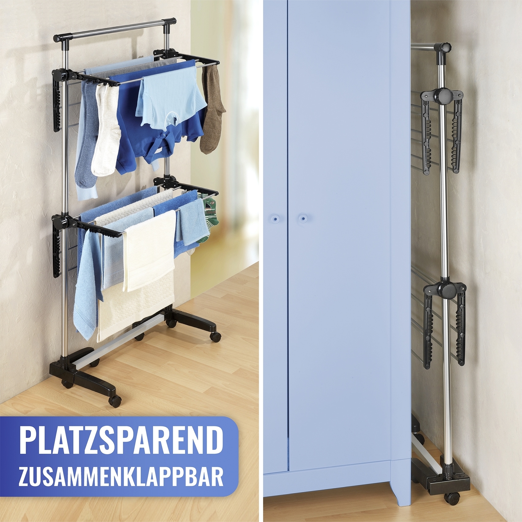 Maximex Turmwäscheständer »Modell Platzsparend«, Wäscheständer mit 2 Etagen und 6 Rollen, Trockenlänge 11 m, klappbar