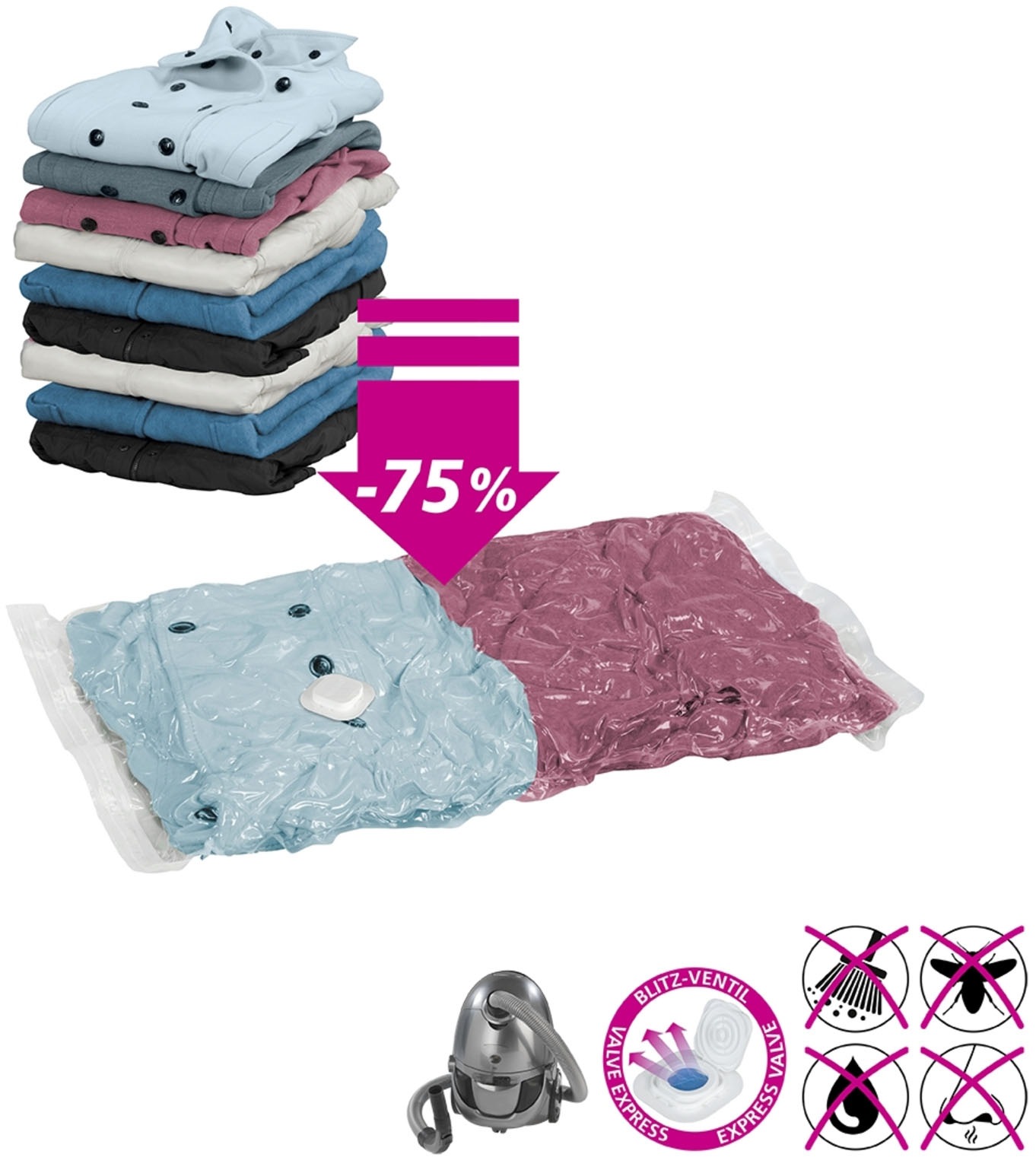 WENKO Vakuumierbeutel »Reise-Set«, (Set, 6 tlg.), Vakuumbeutel für Kleidung zur platzsparenden Aufbewahrung, 2 Größen