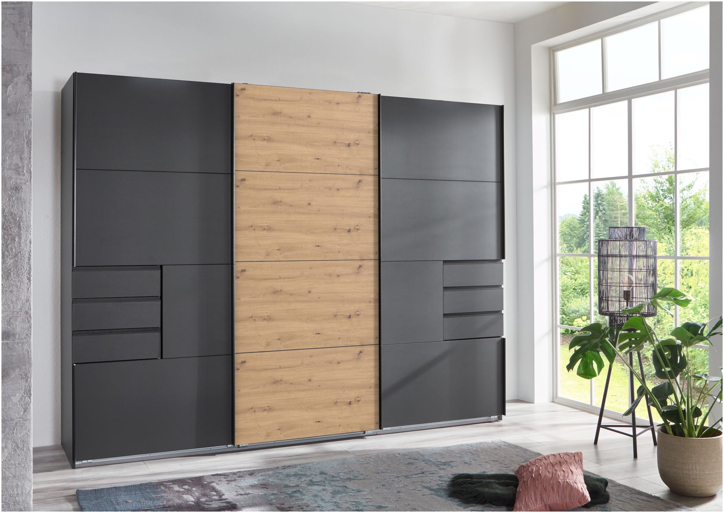 Wimex Schwebetürenschrank »Saigon, mit kompletter Innenausstattung, Made in Germany«, Kleiderschrank 3-türig, 270cm breit, mit 6 praktischen Außenschubladen