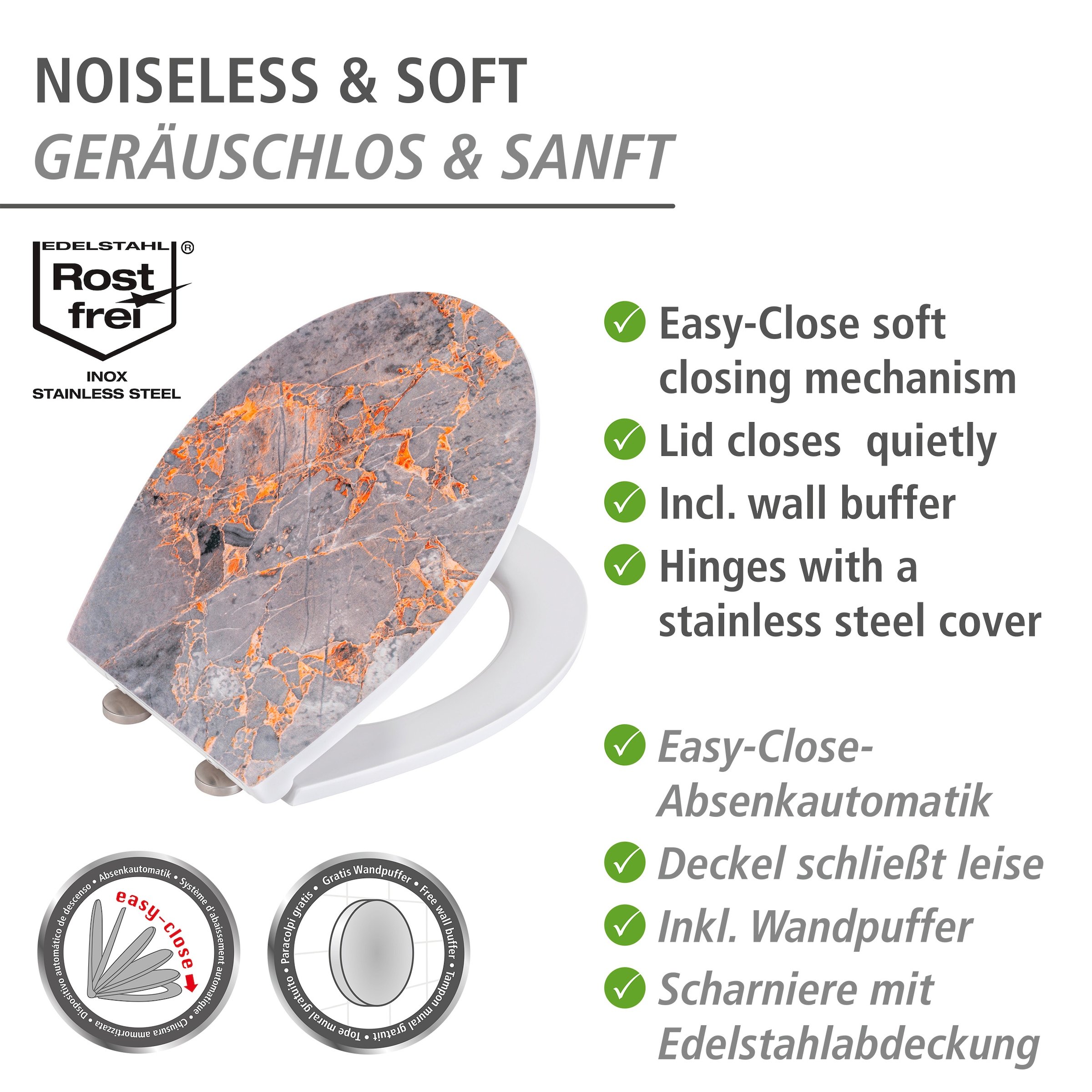 WENKO WC-Sitz »Grey Marble« mit Relief, aus antibakteriellem Duroplast