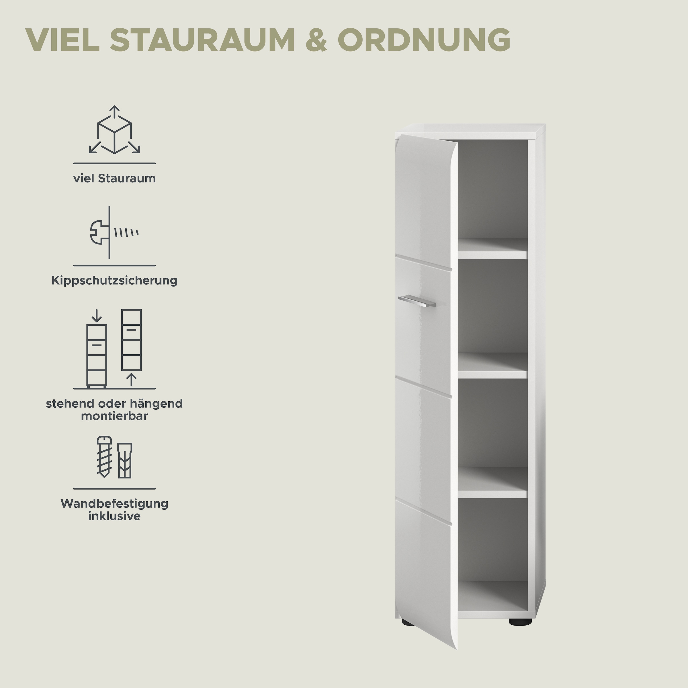 welltime Stauraumschrank 1 Stk. tlg. Florenz, Stauraumschrank, Weiß Hochglanz, 30 cm breit, 4 Fächer