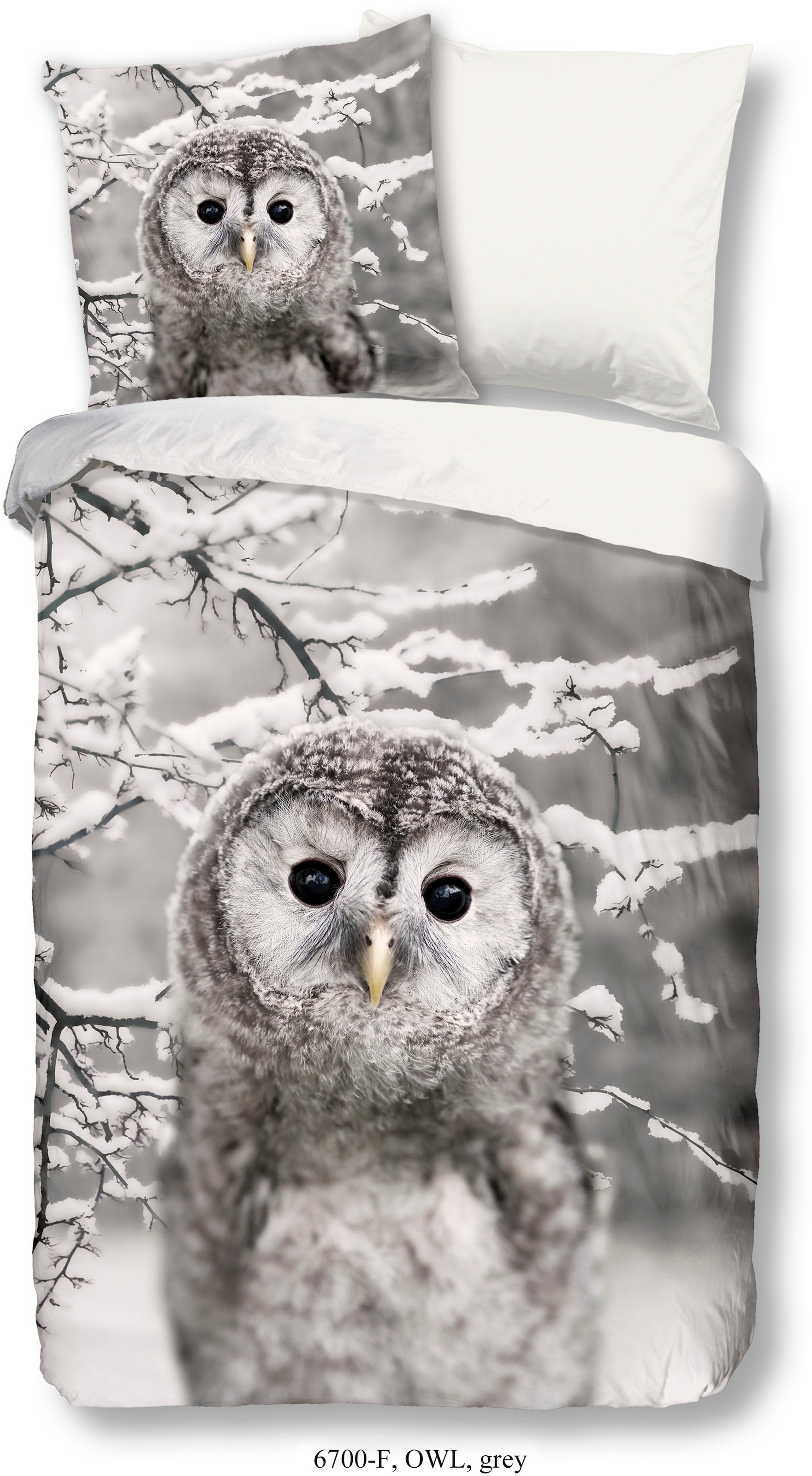 good morning Wendebettwäsche »Winter Snow Owl«, Biber Flanell, 135x200, Warm, Weich, Wendeoptik, Reißverschluss, Grau