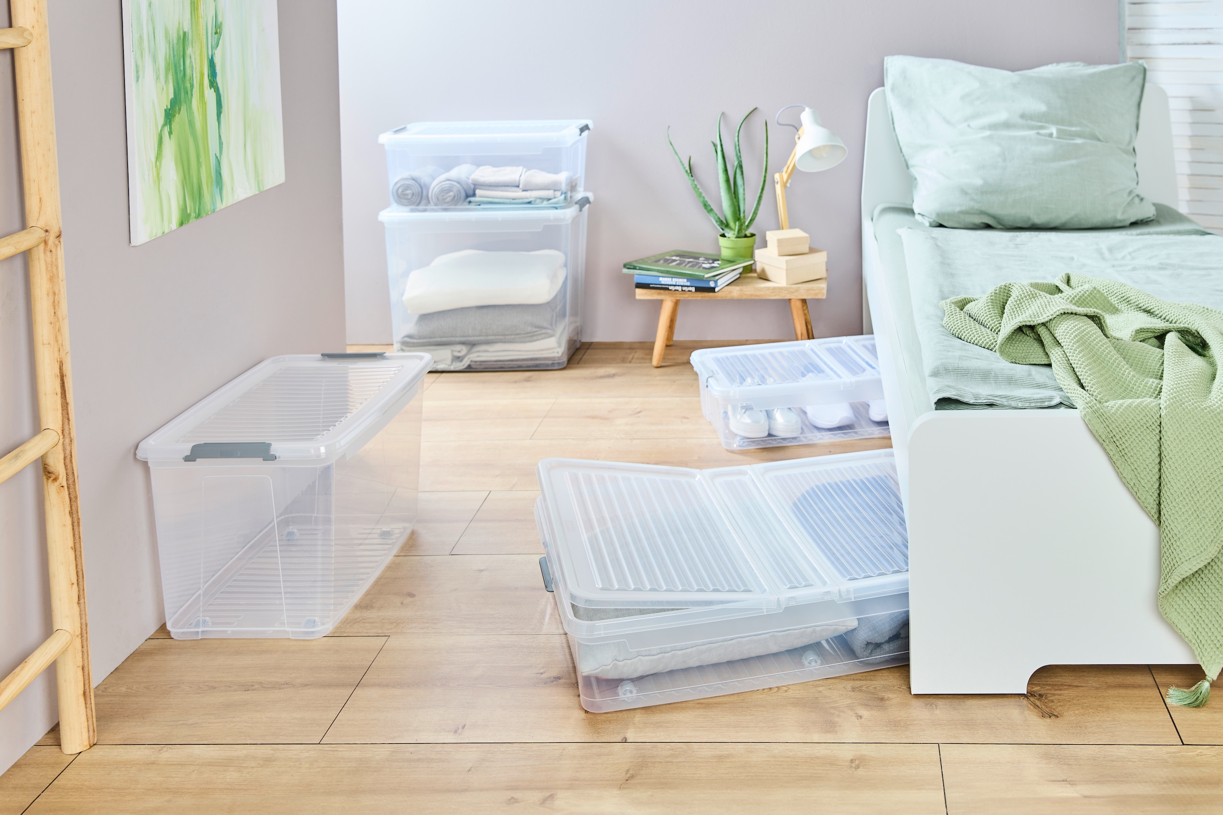 keeeper Aufbewahrungsbox »Clipbox Leo (Set 5 St.) 37 L, 59 x 38 x 24 cm« Schanierclips, Doppelöffnung, 90° drehbare Räder, fixierbarer Deckel