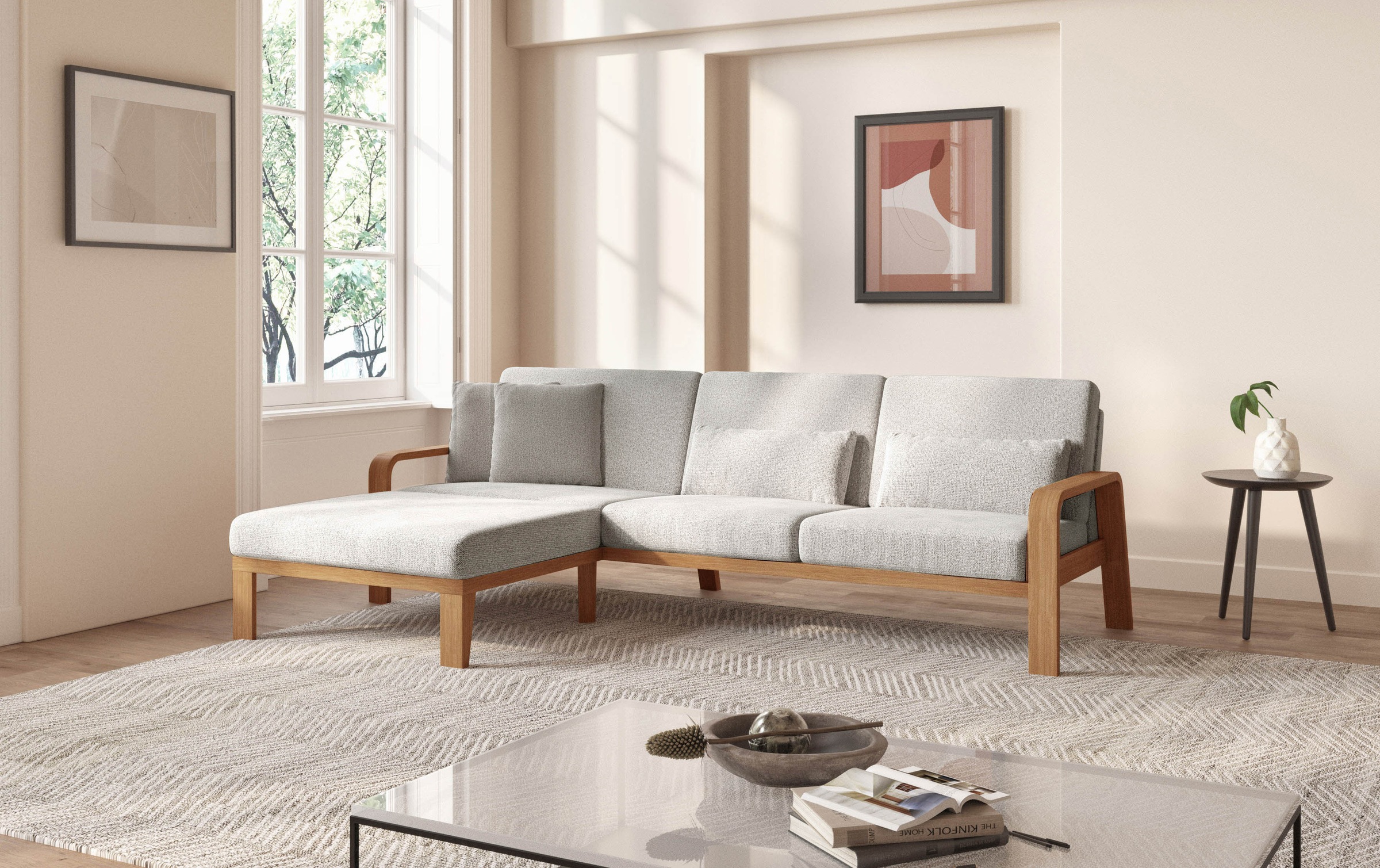 sit&more Ecksofa »Kolding L-Form«, Armlehnen aus eichefarbigem Buchenholz, verschiedene Bezüge und Farben