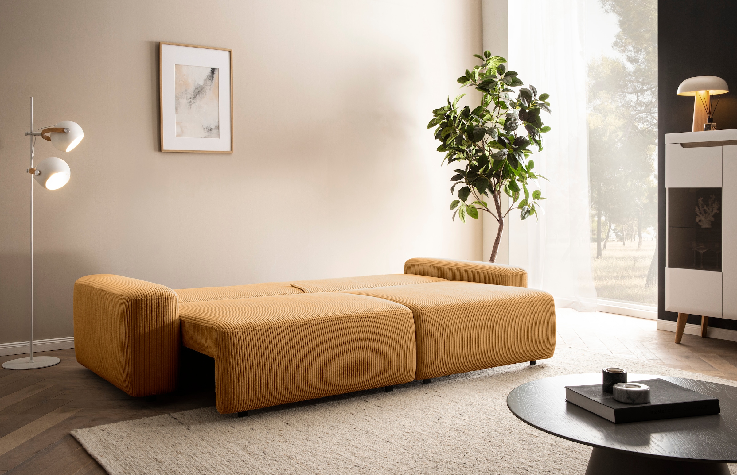 INOSIGN 3-Sitzer »TORGE (257cm), Sofa,Schlafsofa in Cord, Samtvelours, Struktur fein« rundes Design, Schlaffunktion u. Bettkasten, Liegefläche: 135/200 cm