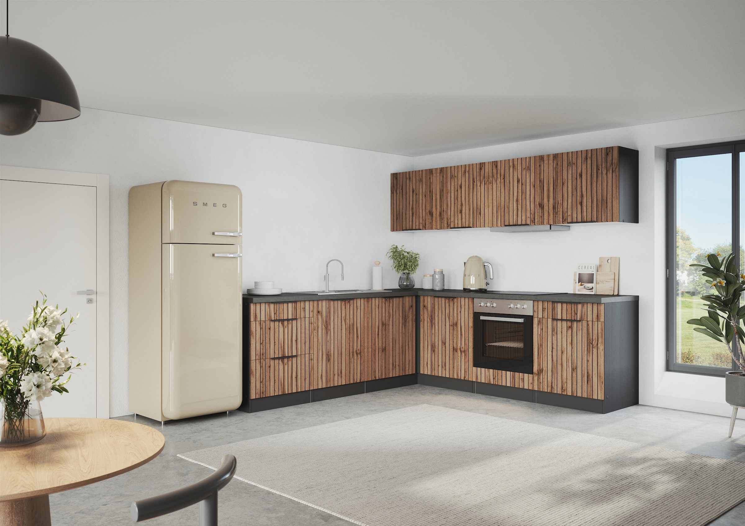 KOCHSTATION Winkelküche "KS-Lagos, Stellbreite 240/240 cm" wahlweise mit E-Geräten und Spüle edelstahl oder schwarz