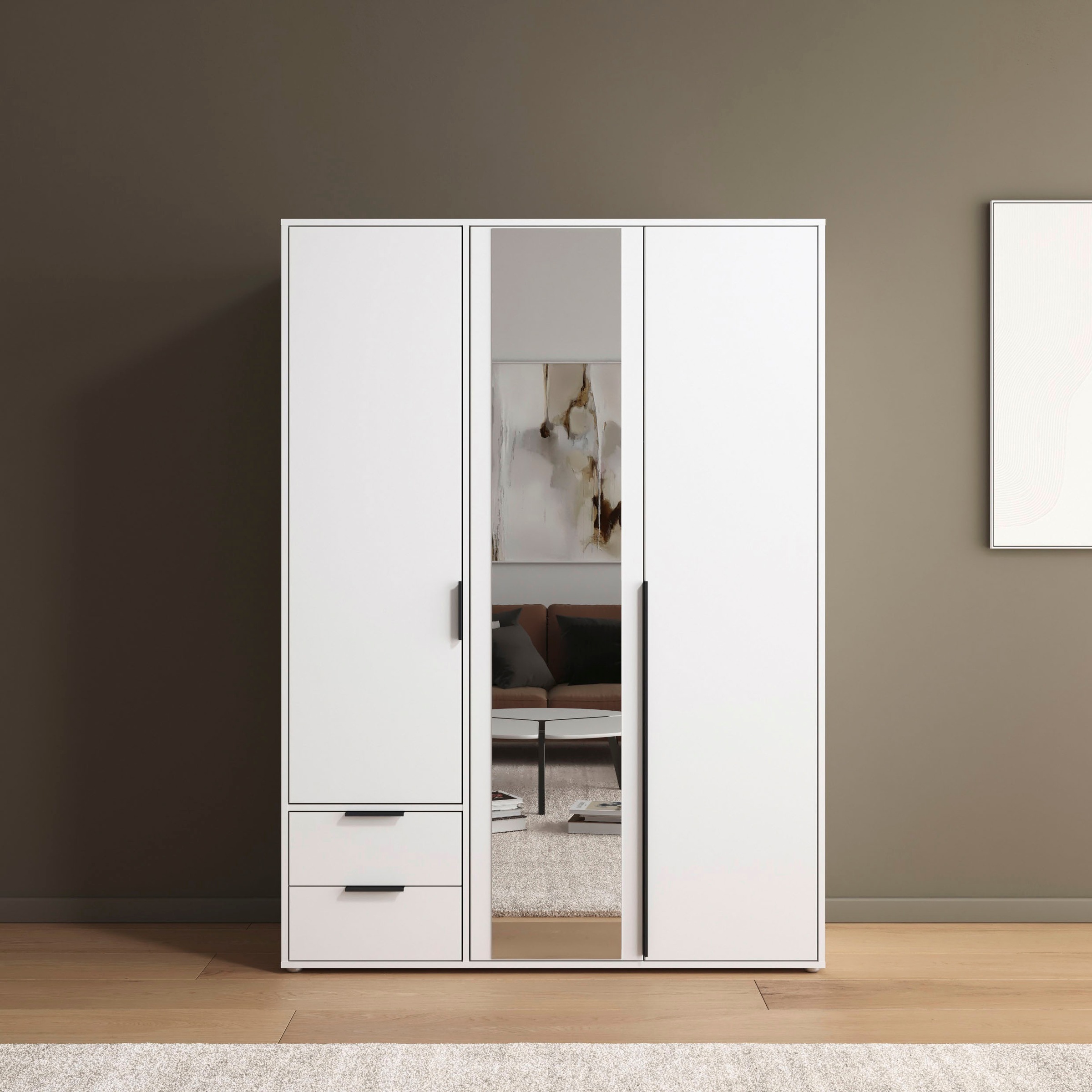 rauch Drehtürenschrank »Kleiderschrank Schrank Garderobe Wäscheschrank NAGATA mit Spiegel«, (in 3 verschiedenen Ausstattungen BASIC/CLASSIC/PREMIUM), und Schubladen sowie Stangengriffen TOPSELLER MADE IN GERMANY