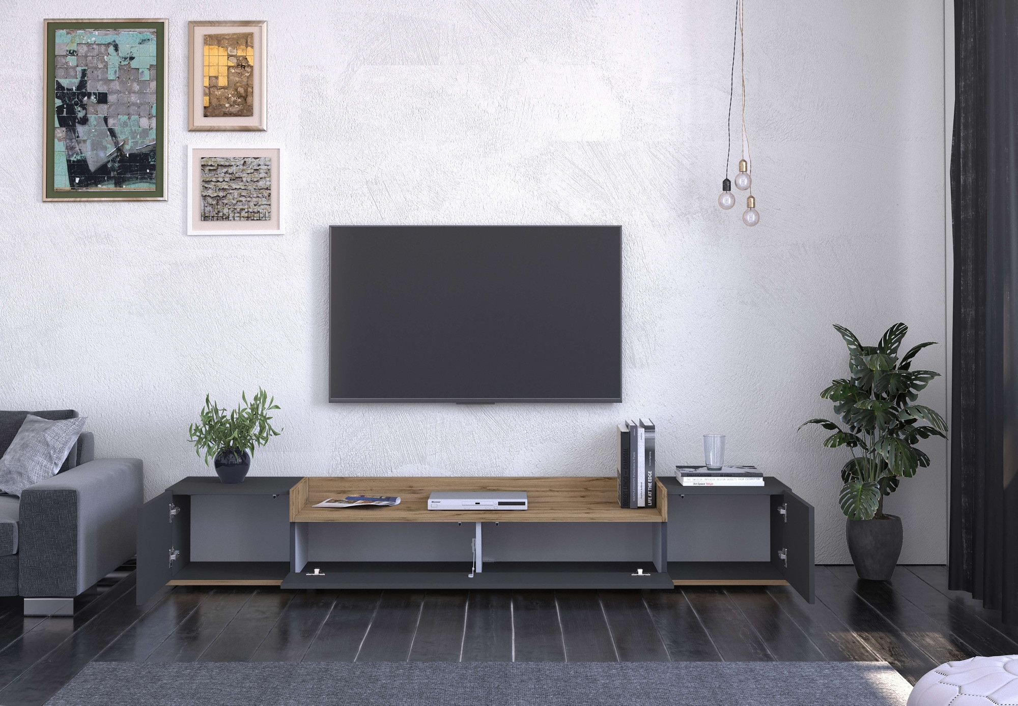 OTTO home Lowboard »BOLSENA,TV-Kommode, TV-Möbel,TV-Bank, 4 Fächer und offenes Ablagefach« 1 Stk. tlg. stehend/hängend montierbar, Made in Italy, B/T/H: 200 × 35 × 31,2 cm