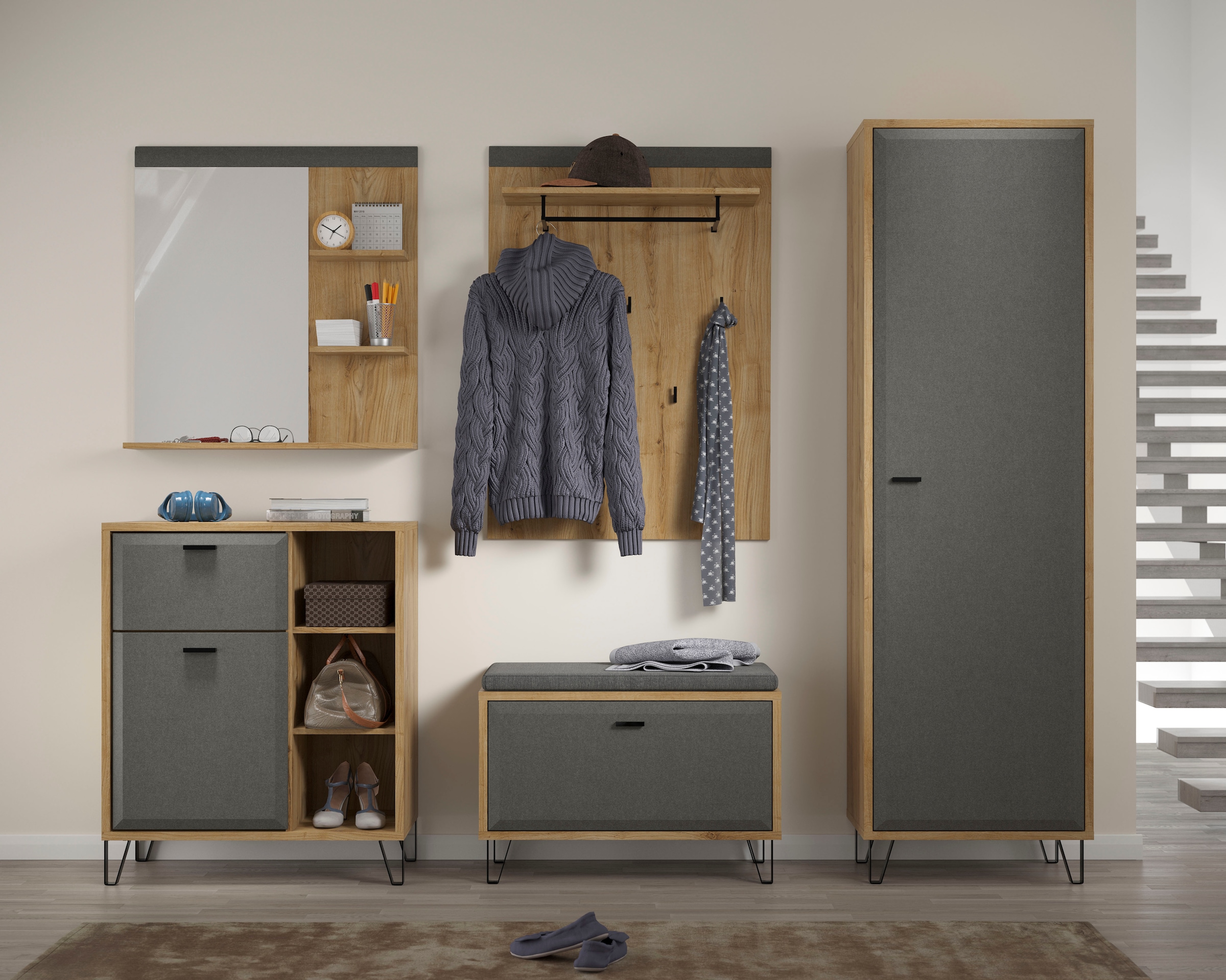 Places of Style Garderobenspiegel »Belva«, (1 St.), eichefarbener Wandspiegel mit 3 Ablagen - (B/T/H) 79/16/85 cm