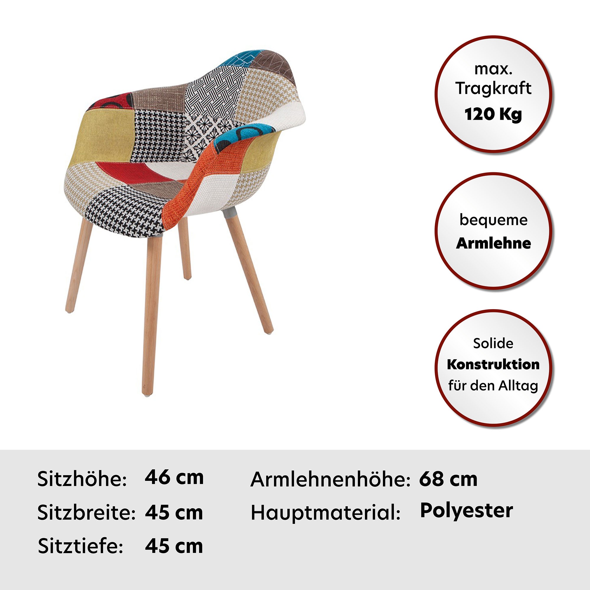 Kayoom Polsterstuhl »Stuhl Dave 110 2er-Set Multi, bequemer Stuhl mit Patchwork-Muster«, (Set), 2 St., stilvoll, elegant, elegante Naturholzbeine, attraktive Farbkombination