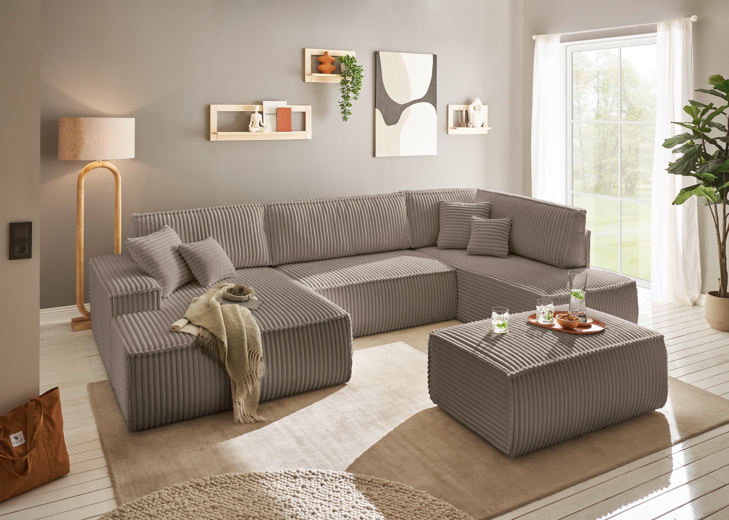 OTTO home Wohnlandschaft »FINNLEY  Cord U-Form XXL 329 cm - OTTO. Verlässliche Qualität.« Schlafsofa, Bettkasten, in Bouclé, Struktur fein und Mega Cord
