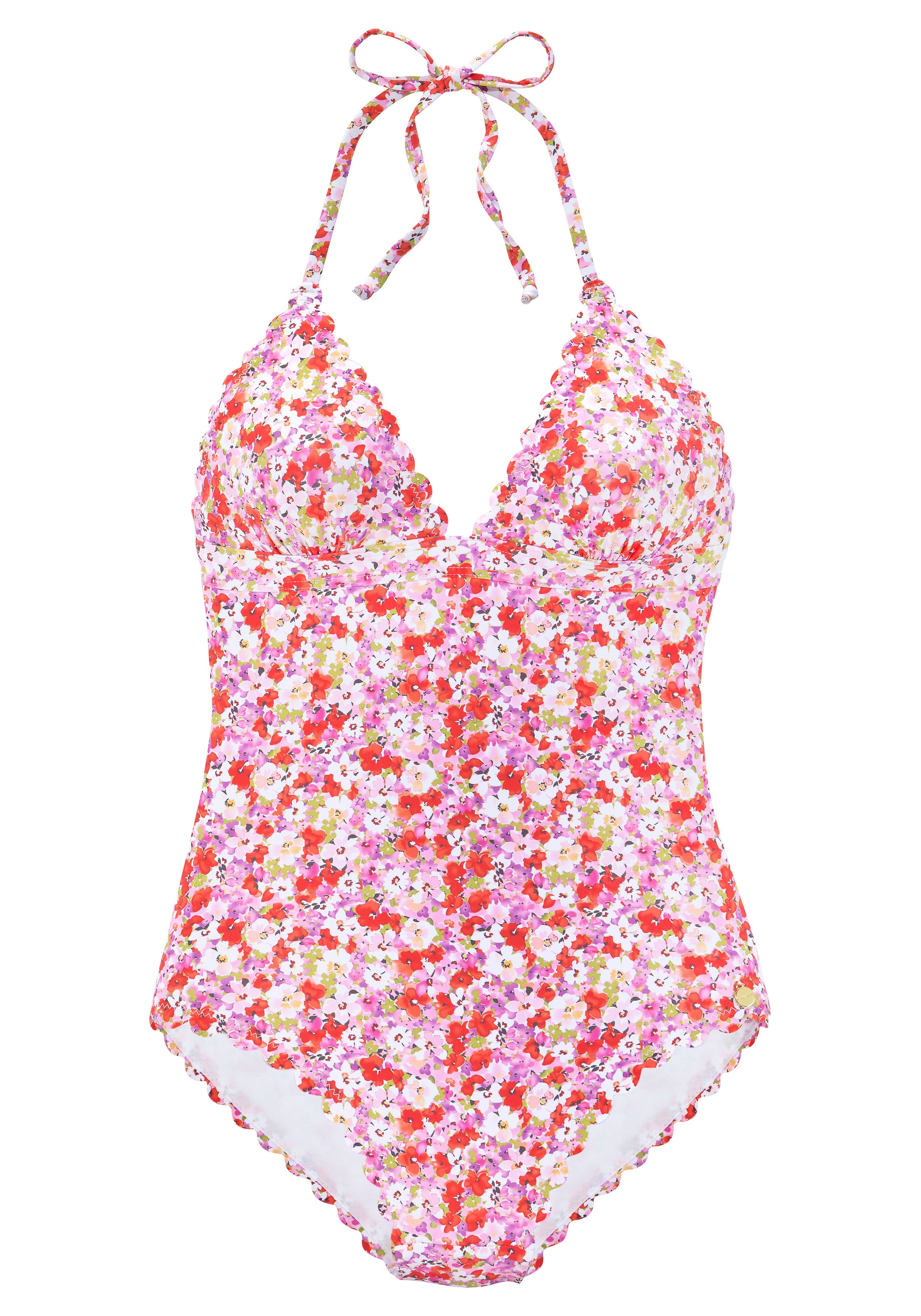 LASCANA, Damen, Badeanzug »Jasmin« im Blümchen-Druck, rot-flieder, Cup C/D, 42 - Cup C/D, rot-flieder, Gelaserte Wellenkante