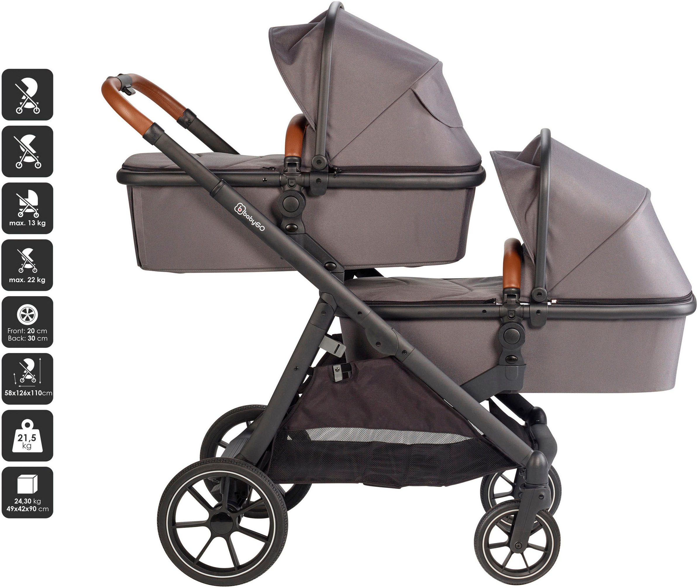 BabyGo Zwillingswagen »Duo«, inklusive Babywannen, Babyschalen, Regebezüge & Wickeltasche