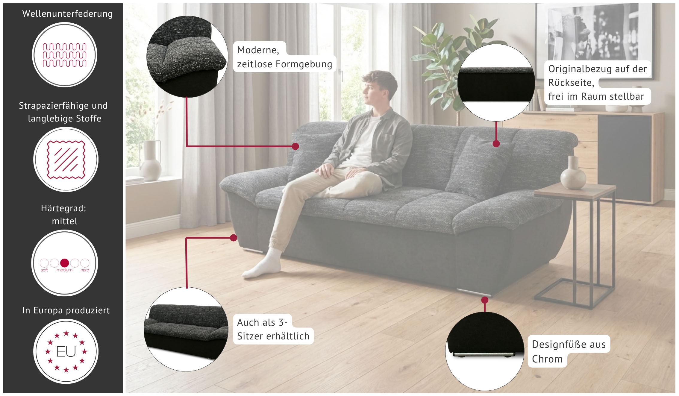 OTTO home 2-Sitzer »Salltum 211 cm breit, formschön, komfortabel« mit Ziernähen in Rücken und im Sitz, pflegeleichter Bezug