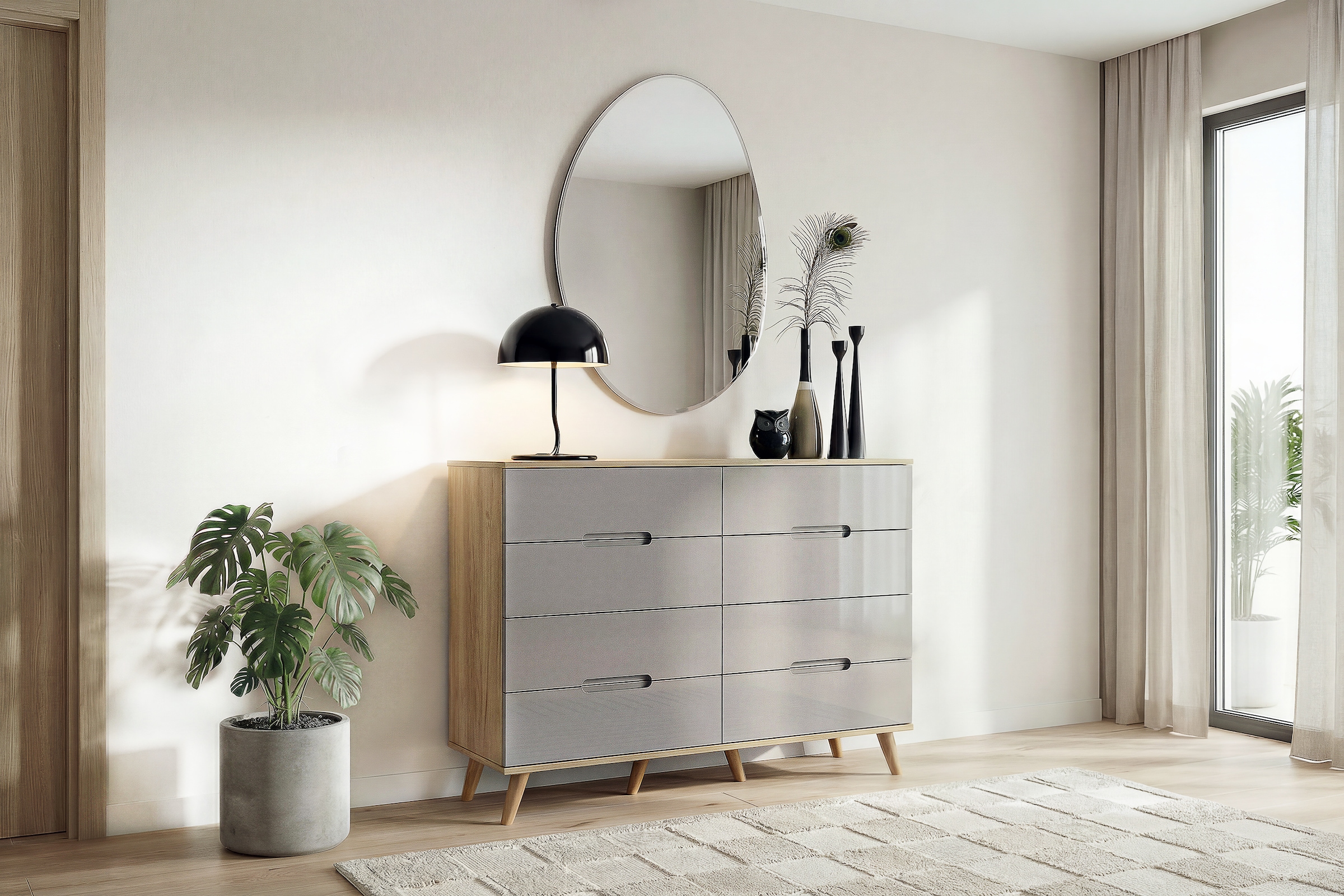 OTTO home Kommode »Lund« mit glänzenden Fronten, Griffmulden, helles Holzdekor, Breite 120 cm