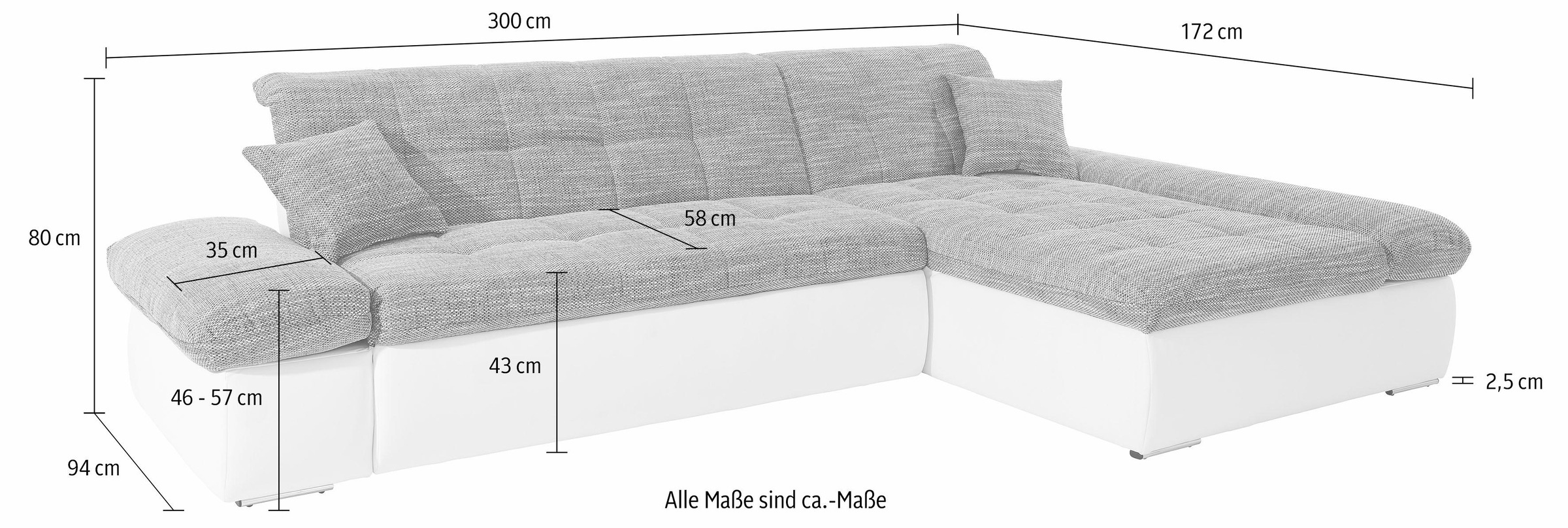 DOMO collection Ecksofa »Moric, L-Form, XXL-Sofa - Breite 300cm«, wahlweise mit Bettfunktion und Armteilverstellung. schwarz-weiß-grau