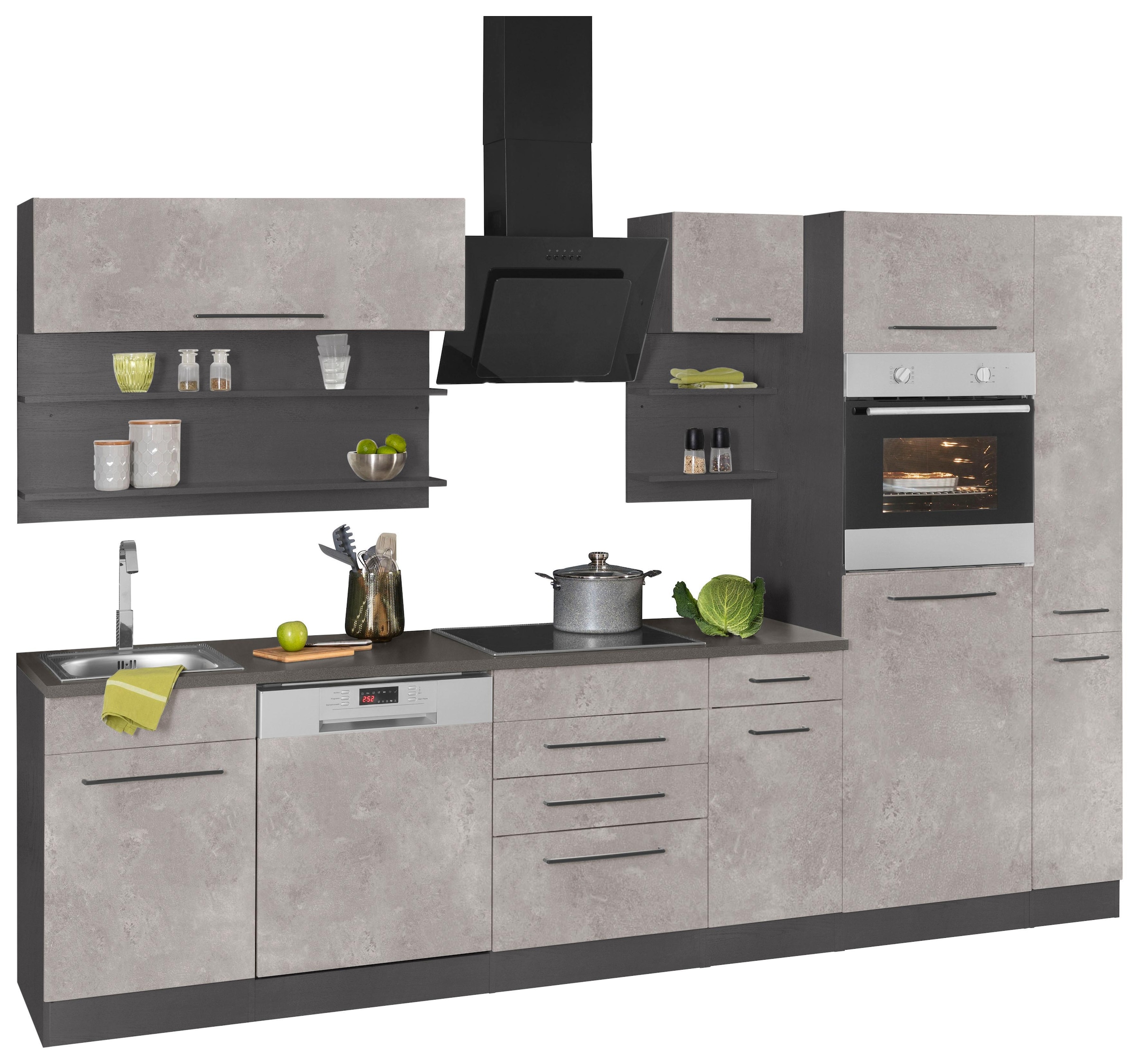 KOCHSTATION Küchenzeile »KS-Tulsa«, ohne E-Geräte, Breite 300 cm, schwarze Metallgriffe, MDF Fronten