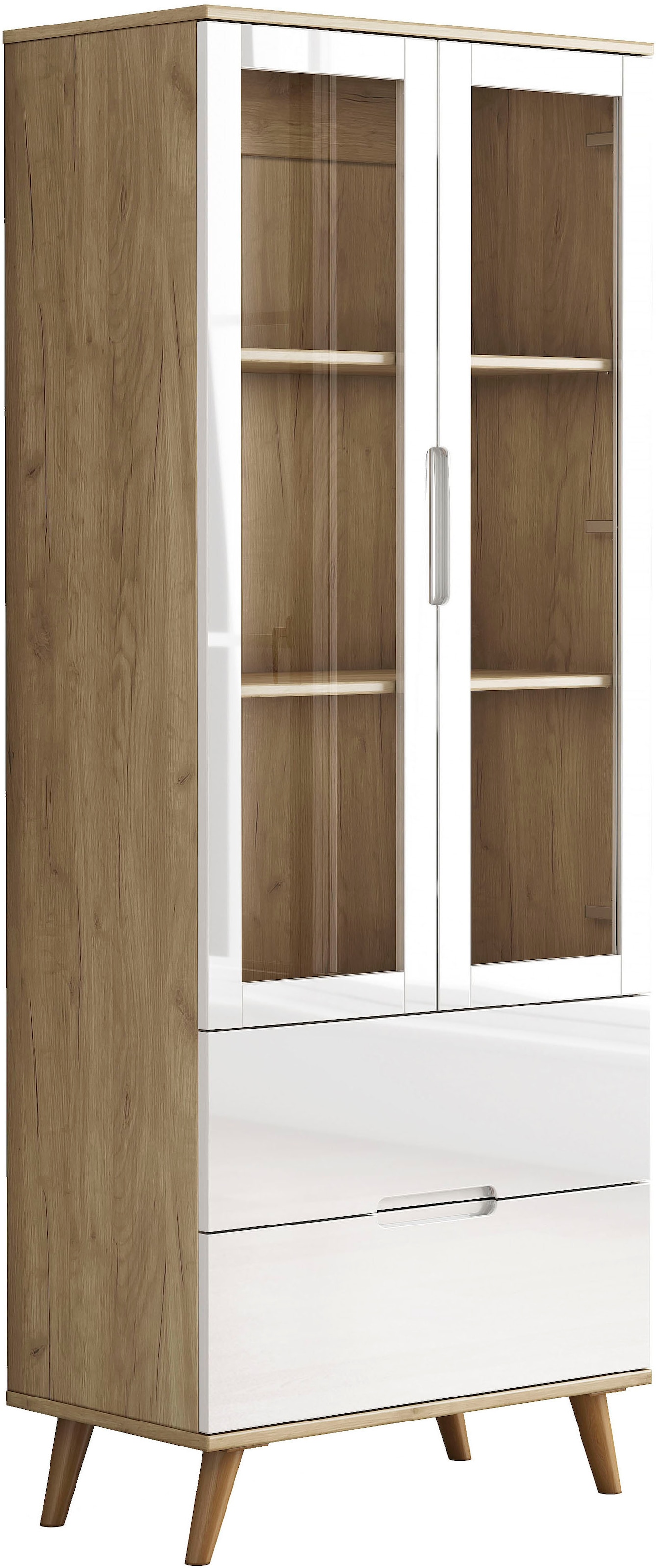 OTTO home Highboard »Lund« mit glänzenden Fronten, Glastüren, helles Holzdekor, Breite 70 cm