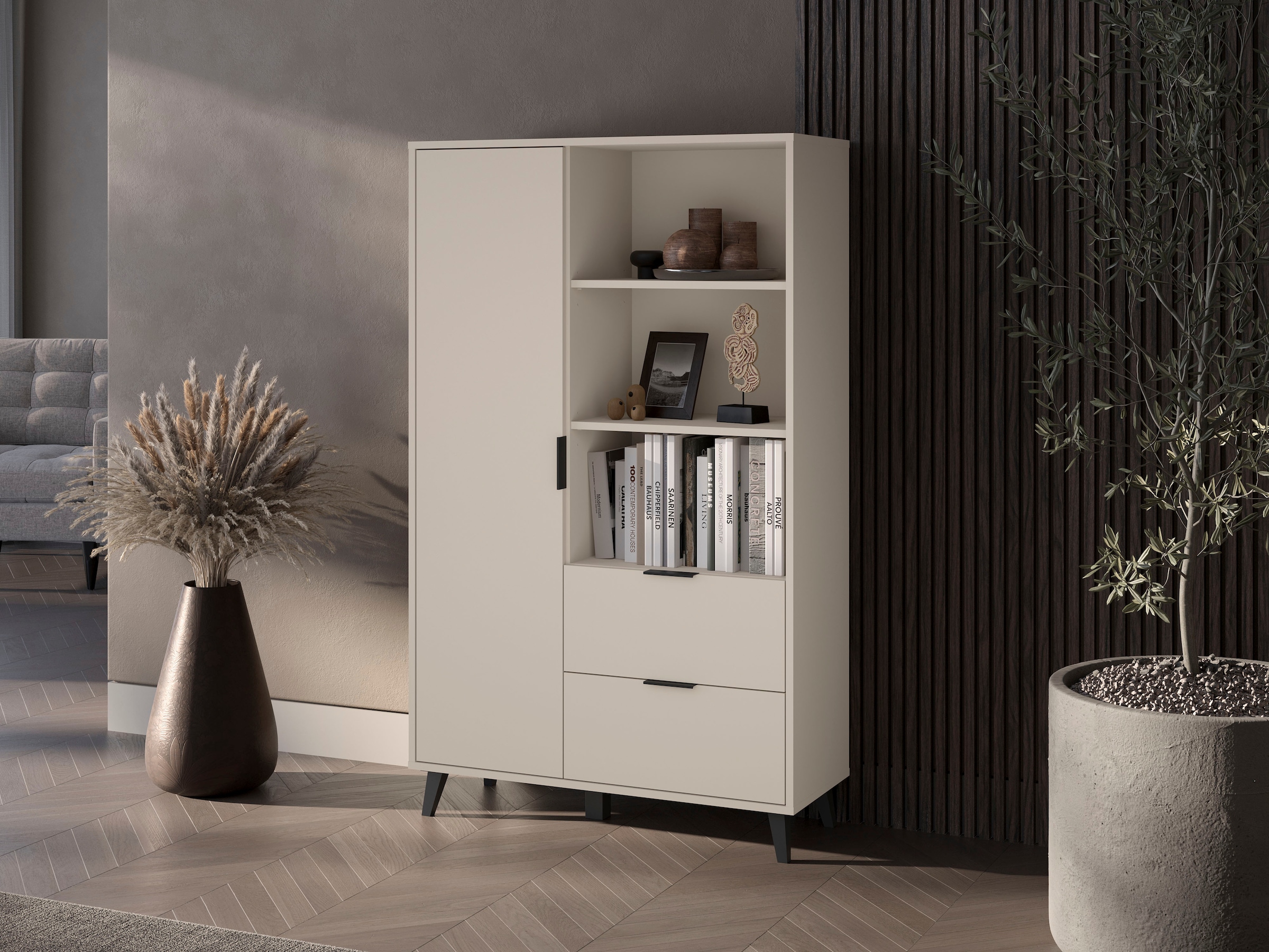 OTTO home Highboard »Oslo, B/H/T: 85/140/33 cm« 1 Stk. tlg. Schublade, höhenverstellbare Einlegeböden, schwarze Metallgriffe
