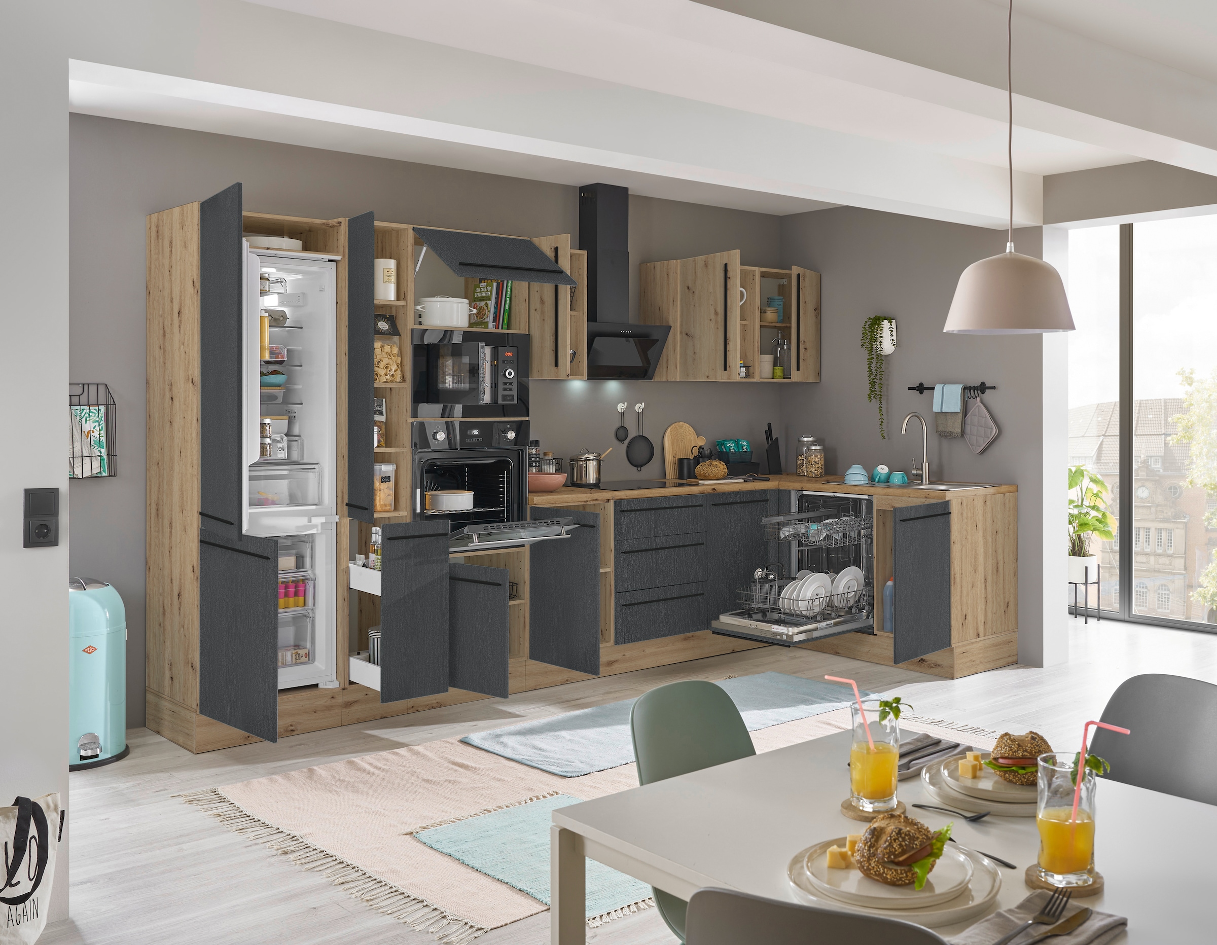 KOCHSTATION Winkelküche »Florida, Stellbreite 370x175 cm« wahlweise mit E-Geräten, mit Softclose für Türen und Schubkästen