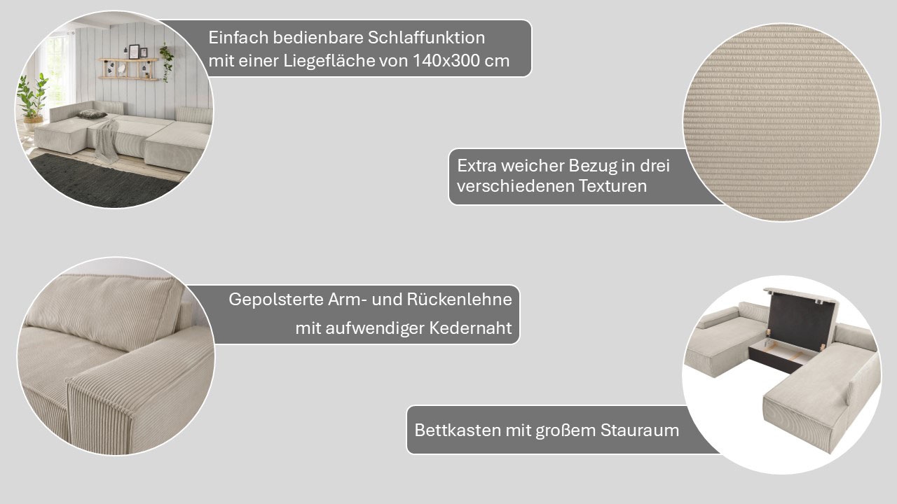 Home affaire Wohnlandschaft »SHERWOOD  329 cm, U-Form, Schlafsofa,« Schlaffunktion m. Bettkasten (194x139 cm), Cord, Vintage, Samtvelours