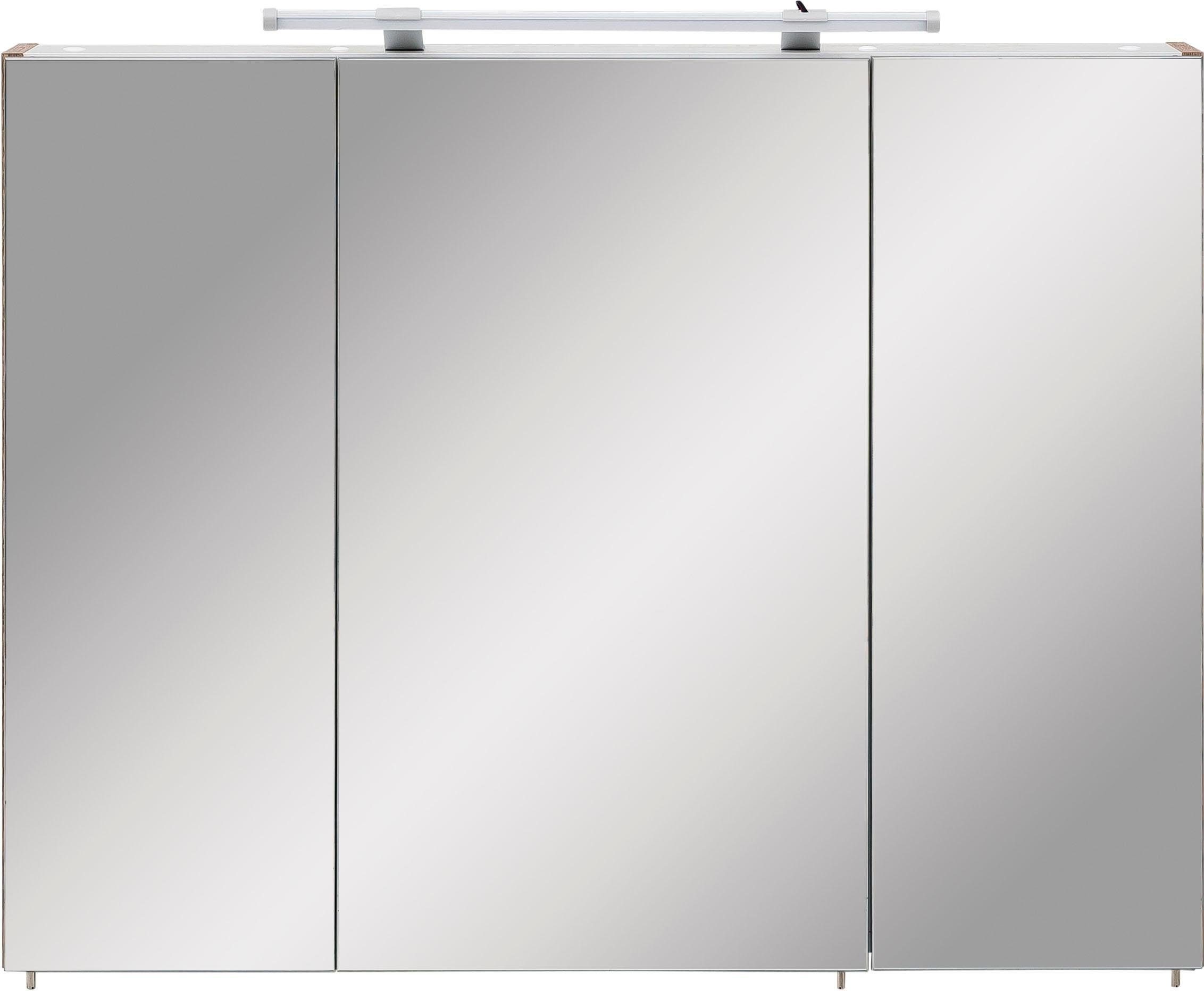 Schildmeyer Spiegelschrank »Dorina, mit höhenverstellbaren Glasböden«, Breite 90 cm, 3-türig, LED-Beleuchtung, Schalter-/Steckdosenbox