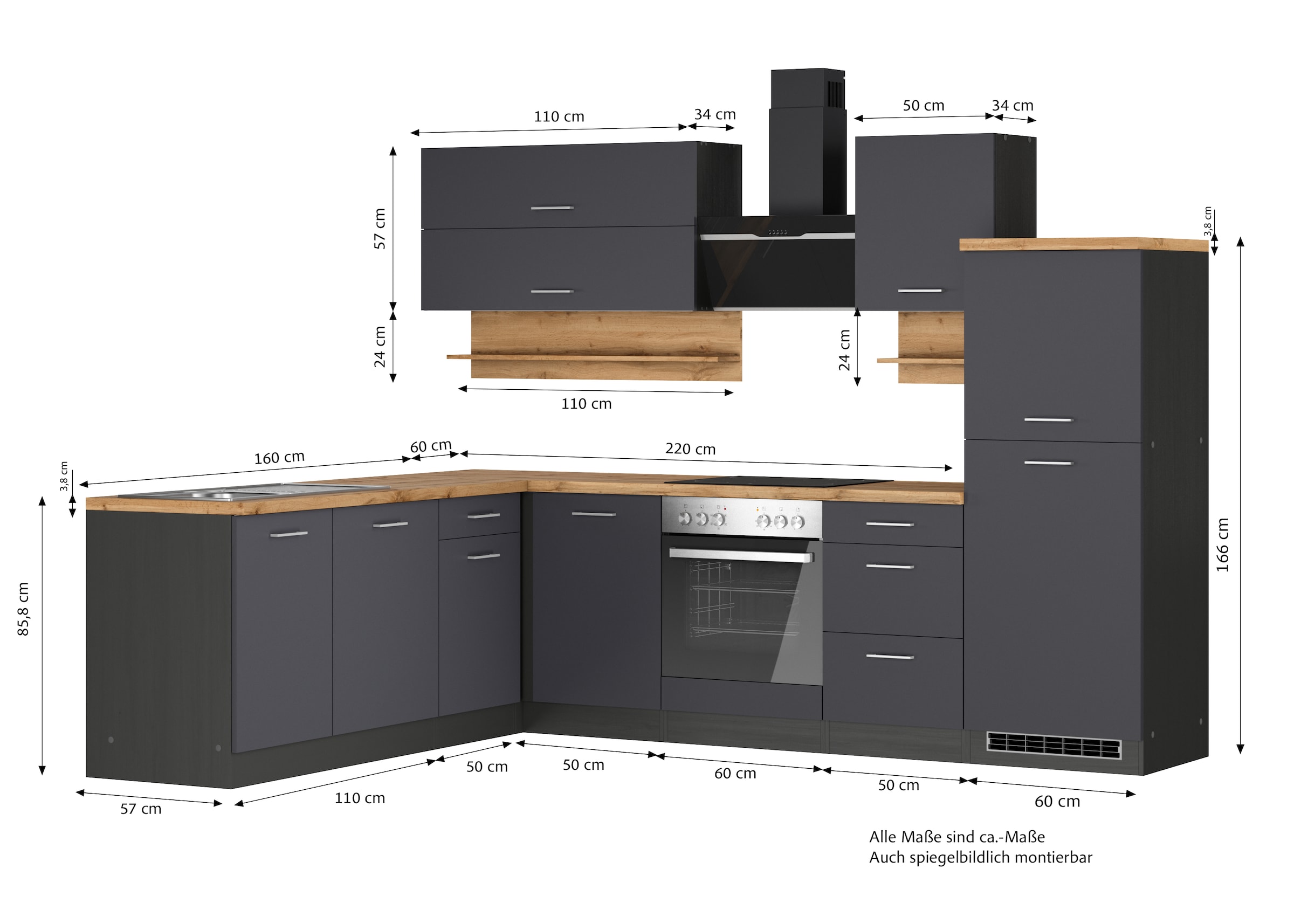 KOCHSTATION Winkelküche »KS-Milan« Stellbreite 280/220 cm, viel Stauraum, wahlweise mit E-Geräten