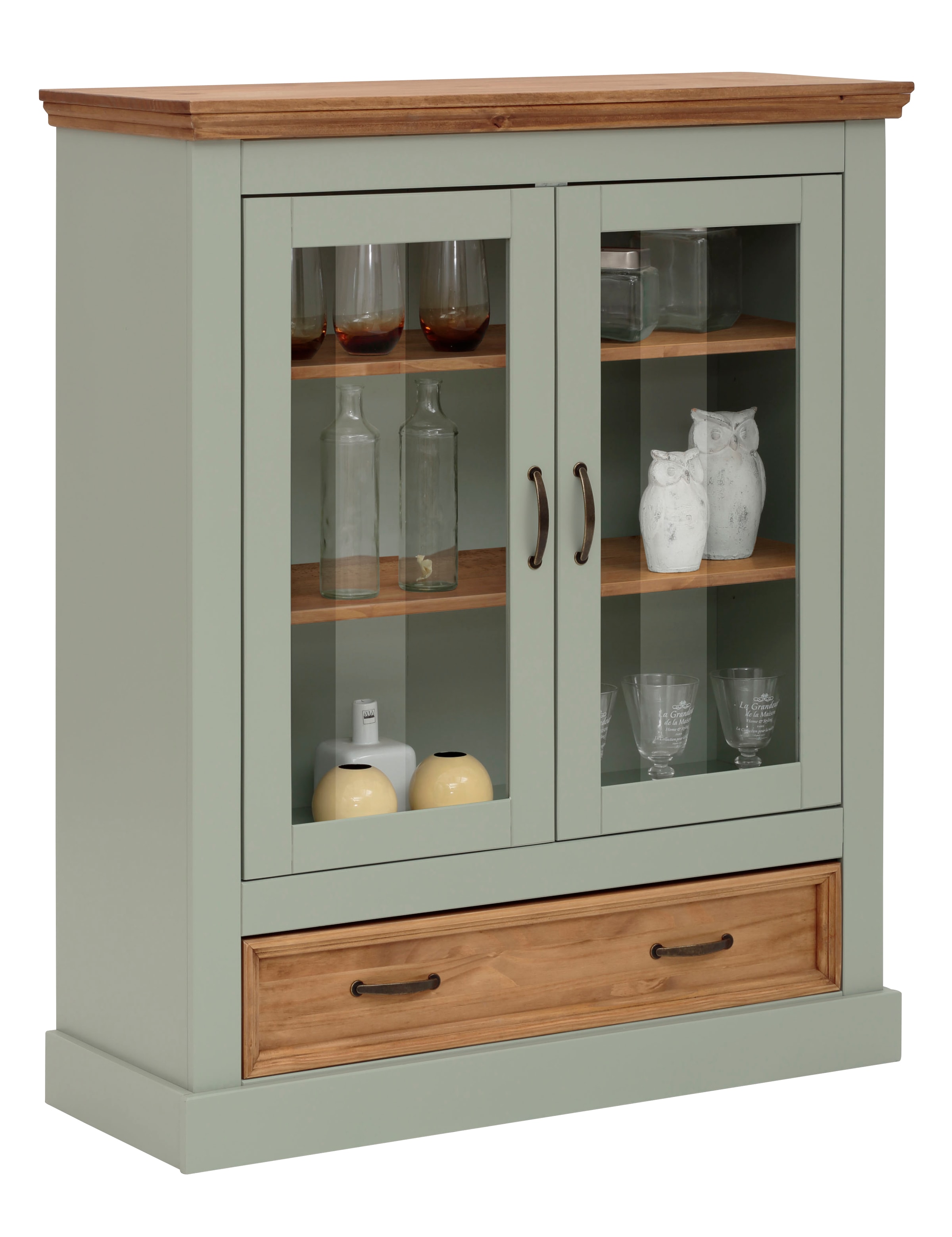 Home affaire Vitrine »Selma Highboard«, aus massivem Kiefernholz, mit Griffen aus antikisiertem Metall