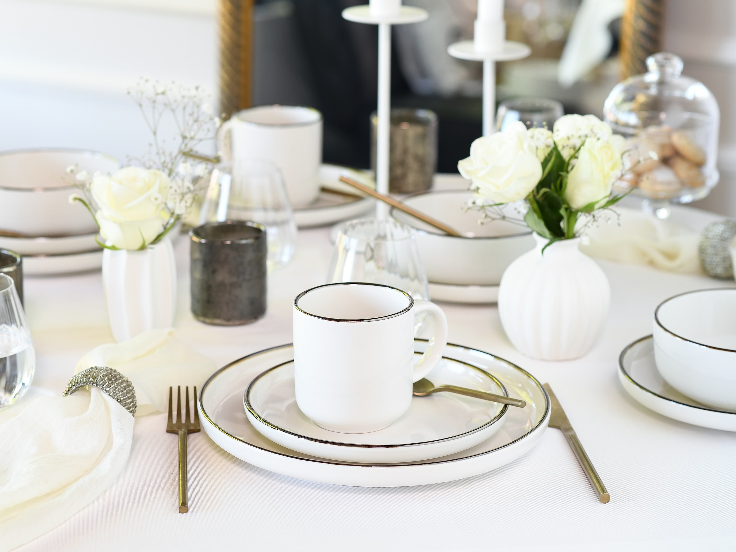 CreaTable Kombiservice »Nordic Festive, Service 10-tlg.« Minimalistisches Design, Dezente goldene Akzente