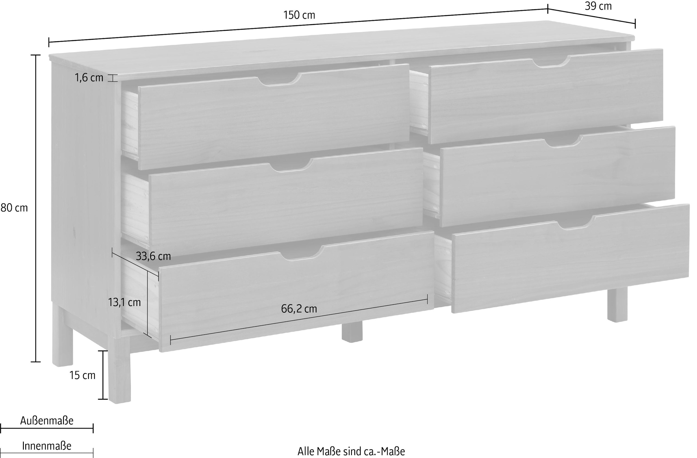 Home affaire Kommode »Post«, massives Kiefernholz, mit vielen Stauraummöglichkeiten, Breite 150 cm