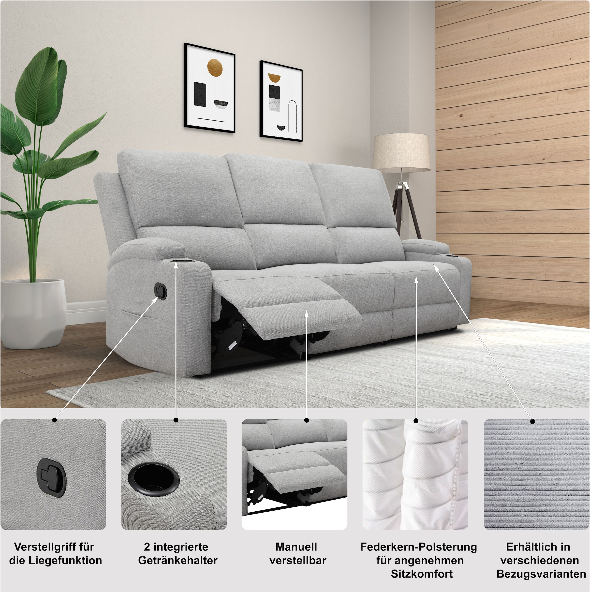 Home affaire 3-Sitzer »Napori« Kinosofa mit 2 x Relaxfunktion und Getränkehalter