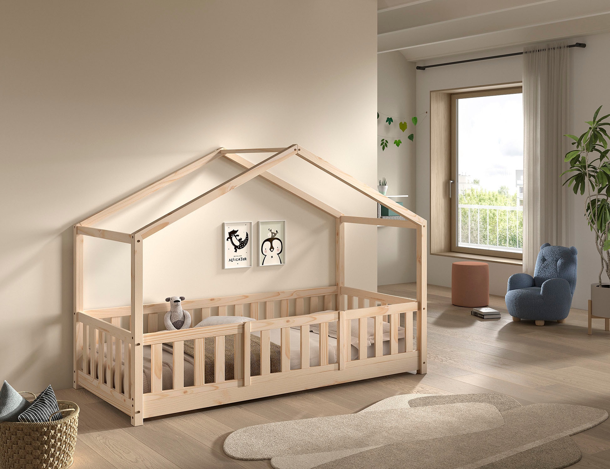 Vipack Hausbett »Dallas, Massivholzbett mit Dachaufbau umbaubar vom Boden- zum Daybett« inkl. Lattenrost, Rausfallschutz, Sprossen, 90 oder 140x200 cm breit,  stabil und standfest gebaut, wahlweise Kiefer massiv natur oder weiß