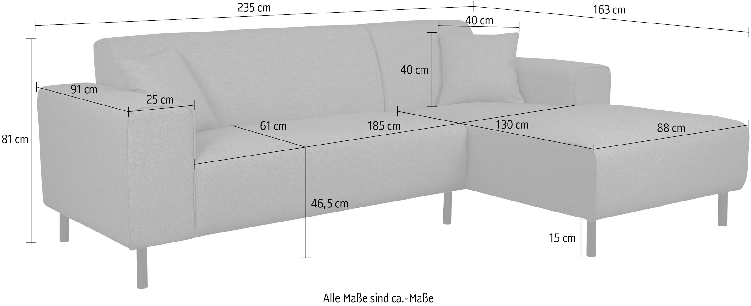 Home affaire Ecksofa »ARROS L-Form mit Wellenunterfederung, Maße B/T/H: 235/163/81 cm«, incl. Zierkissen, mit Recamiere rechts/links bestellbar, auch in Cord