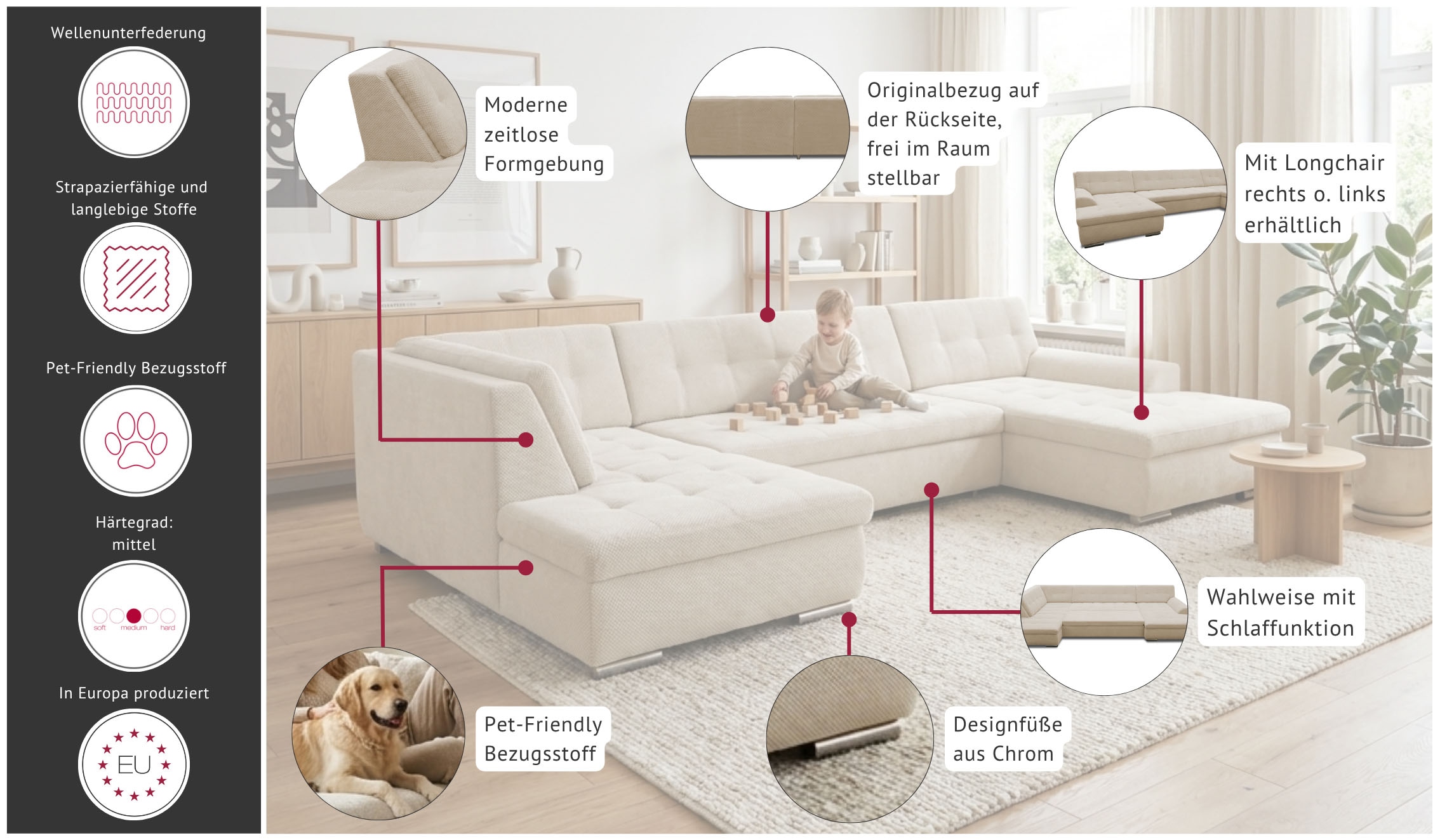 OTTO home Wohnlandschaft »Torrnby 360 x 201 cm, mit Steppungen, modern & zeitlos, stabil« L-Form, aus haustierfreundlichem Pet Friendly Bezug
