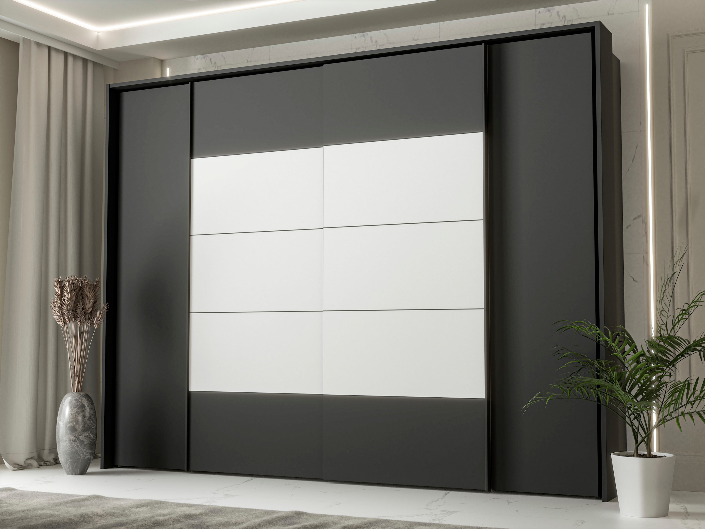 FORTE Dreh-/Schwebetürenschrank »Narago, TOPSELLER, Made in Europe, zeitloses Design«, (B/H/T ca. 270x210X61cm, Farbe Weiß auch mit Spiegeln erhältlich), viele Einlegeböden teilweise variabel einsetzbar, maximaler Stauraum