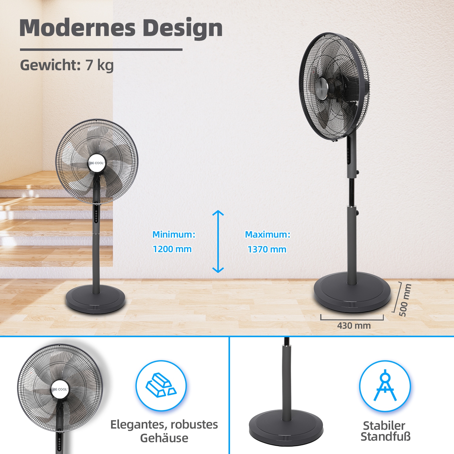 be cool Standventilator »Standventilator 50cm mit 5 Rotorblättern«, Schwenkfunktion, 5-flügelig, Fernbedienung