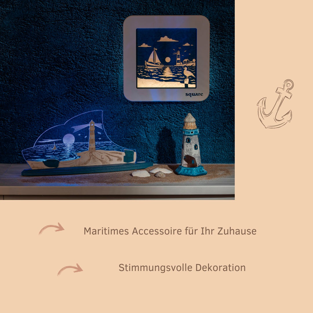 Weigla LED Dekolicht »Square Wandbild Maritim, Batterie & Timer, WEIẞ-BLAU, Made in Germany«, 13 flammig, Leuchtmittel LED-Modul | LED fest integriert, Erzgebirge garantiert, maritime Deko Innen, Dekolampe
