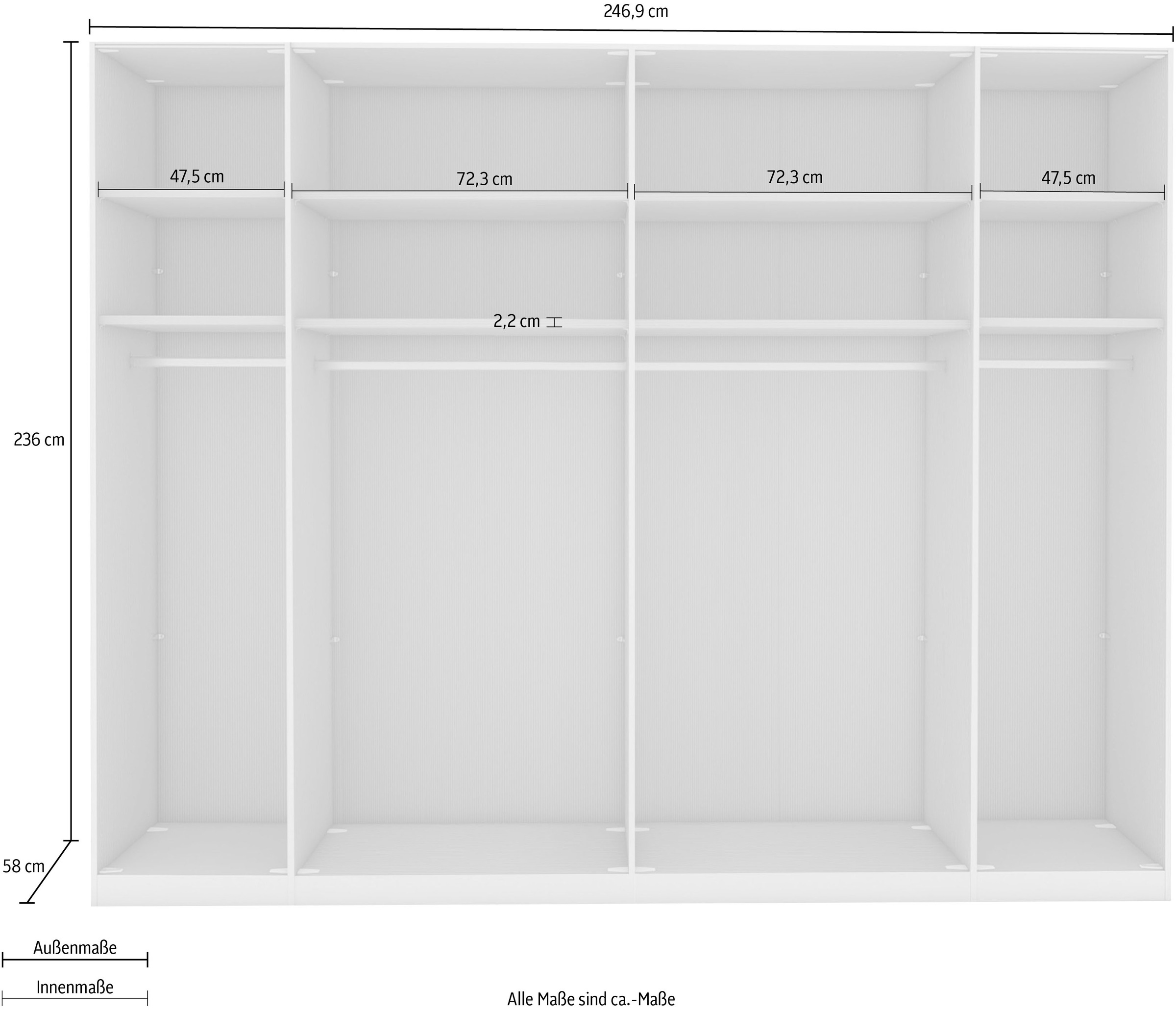 WIEMANN Falttürenschrank »Monaco, Kleiderschrank, Schrank, Wäscheschrank, mit edler Glasfront«, (2 Breiten, 2 Höhen 216/236 cm auswählbar, MADE IN GERMANY), inkl. gepämpften Schubkästen und Türen, mit Panoramaöffnung