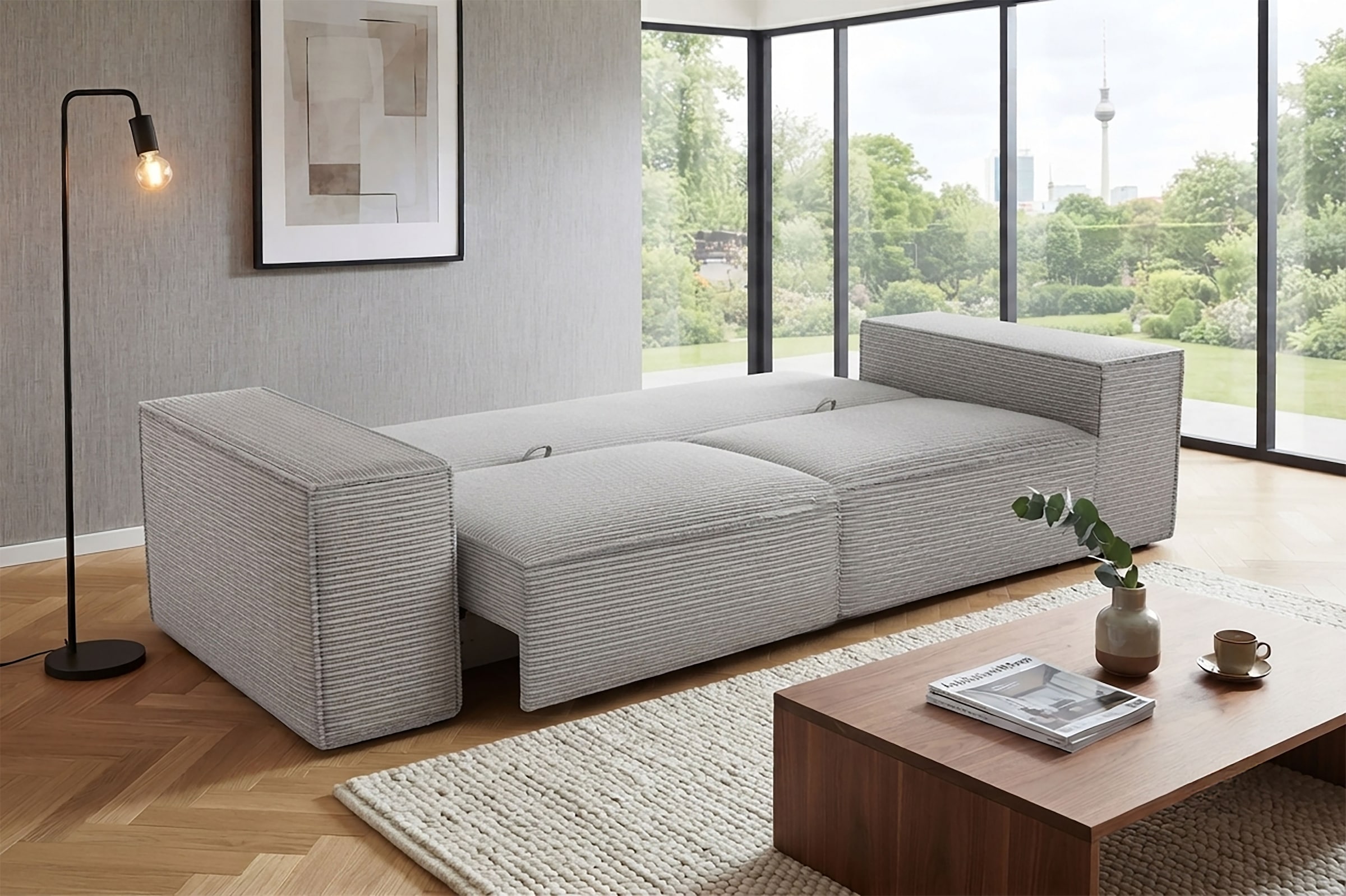 Trends by HG Big-Sofa »Conor XL, B: 268cm, Liegefläche: 138 x 194 cm, in Cord und Velours« mit Schlaffunktion und Bettkasten