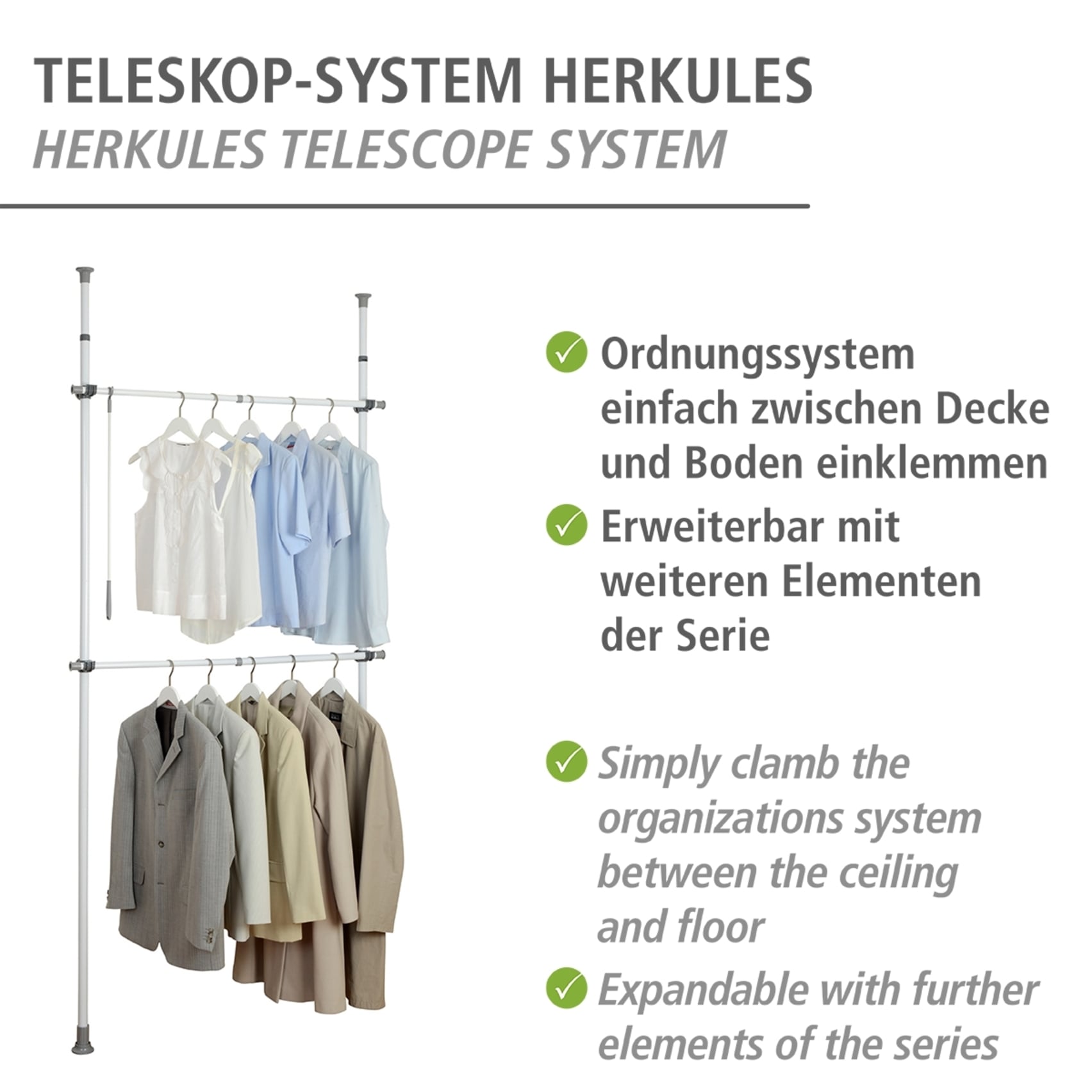 WENKO Teleskopregal »Modell Herkules Basic«, Kleiderstangen zum Klemmen ohne Bohren, verstellbar in Höhe & Breite