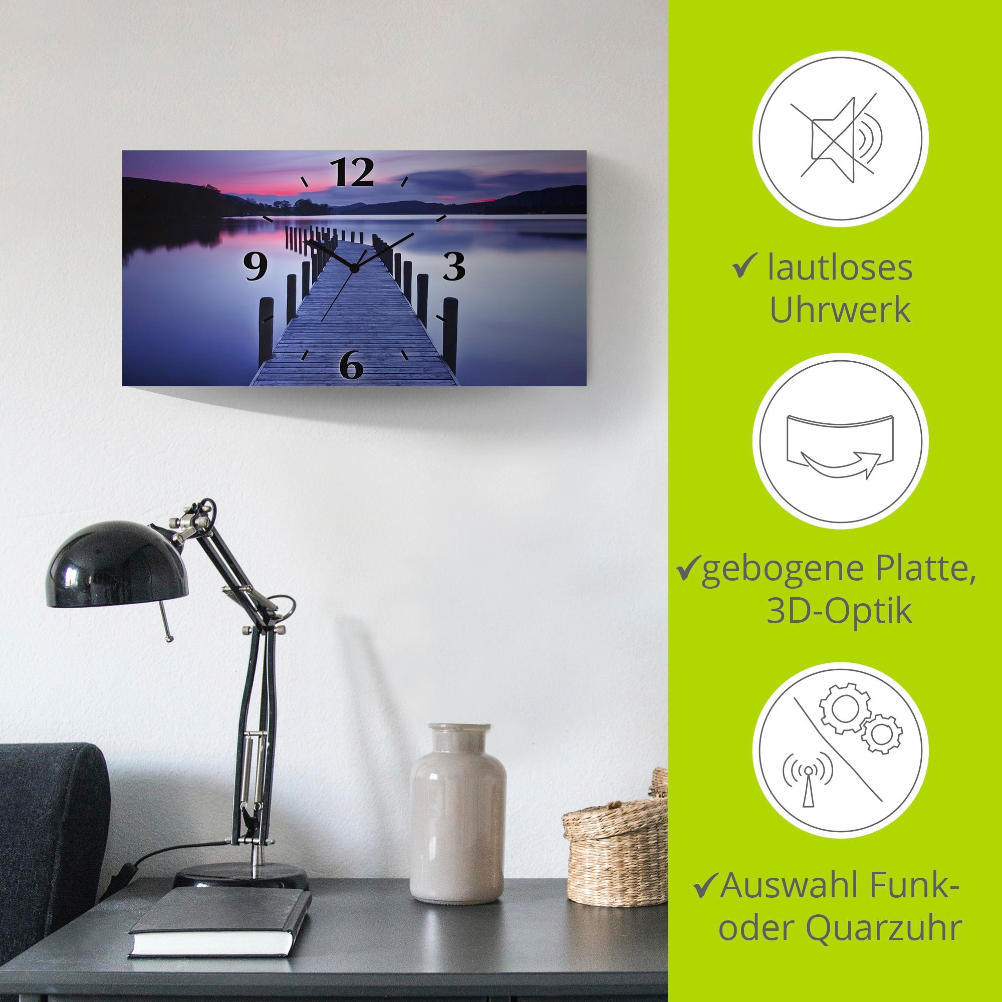 Artland Wanduhr »Panorama Steg Coniston Water«, 3D Optik gebogen, mit Quarz- oder Funkuhrwerk, versch. Größen