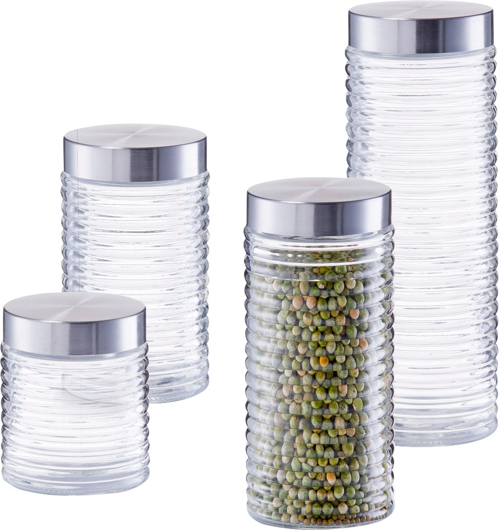 Zeller Present Vorratsglas »gerillt«, (Set, 4 tlg.), hochwertiger Schraubdeckel, Edelstahl