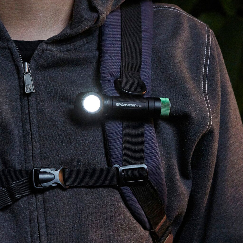 Stirnlampe »GP Discovery CH35, GP Stirnlampe«, 600 Lumen, USB Wiederaufladbar, inkl. 18650 Li-Ion Akku + USB Ladekabel, Leuchtzeit 60h, Leuchtweite 130m, IPX4, vom Stirnband abnehmbar und als Taschenlampe nutzbar