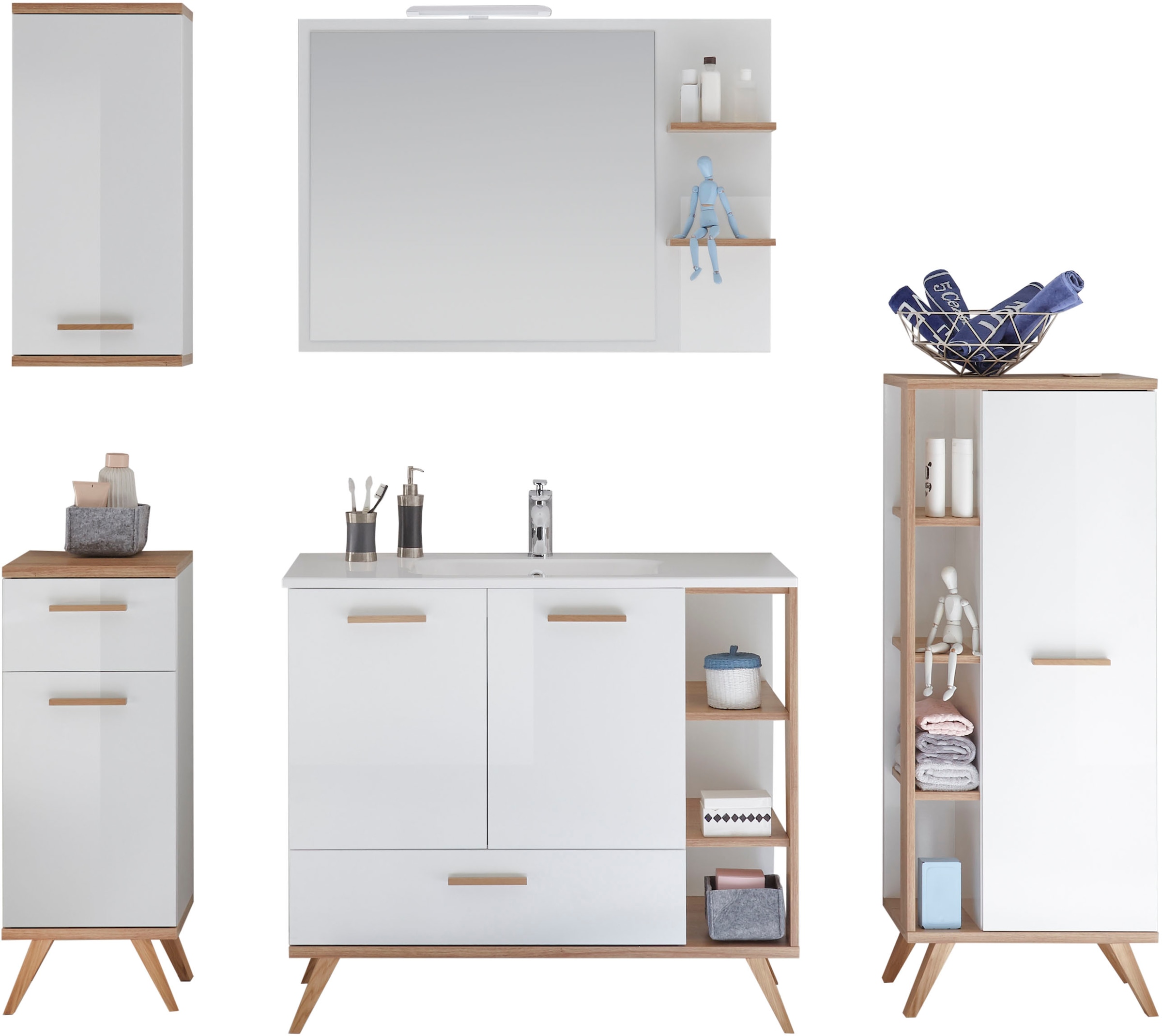 Saphir Badmöbel-Set »Quickset Mineralmarmor-Waschtisch mit LED-Spiegel, Unterschrank« 7 Stk. tlg.