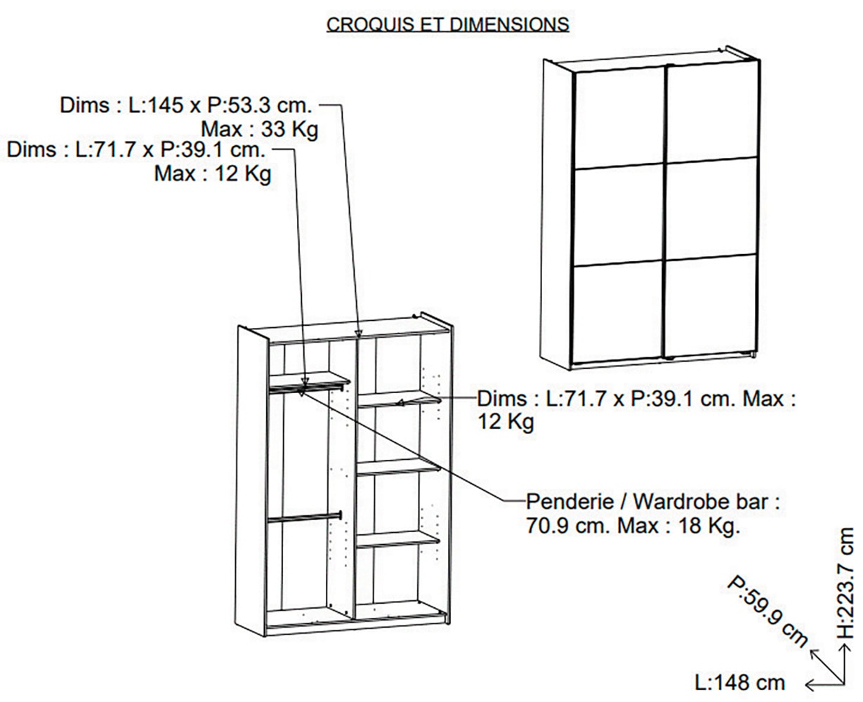 Demeyere GROUP Schiebetürenschrank »zeitloser Kleiderschrank, extra hoch«, (B/H/T ca. 148/224/60cm), viel Stauraum, 2 Kleiderstangen aus Stahl, viele Ablageflächen