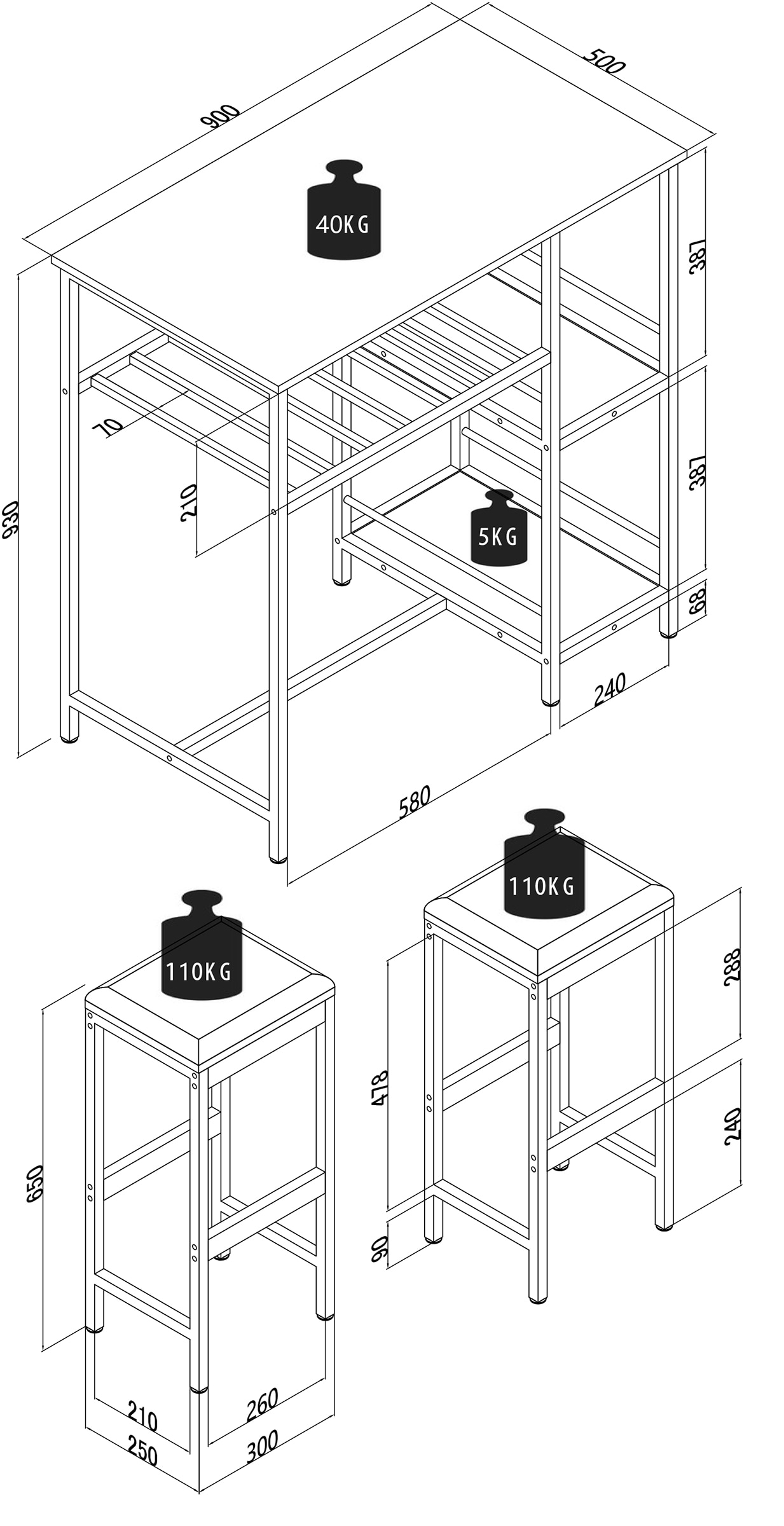 VCM Bartisch »3 tlg. Set Bartisch Bistrotisch Barhocker Kolari«, (Kolari)