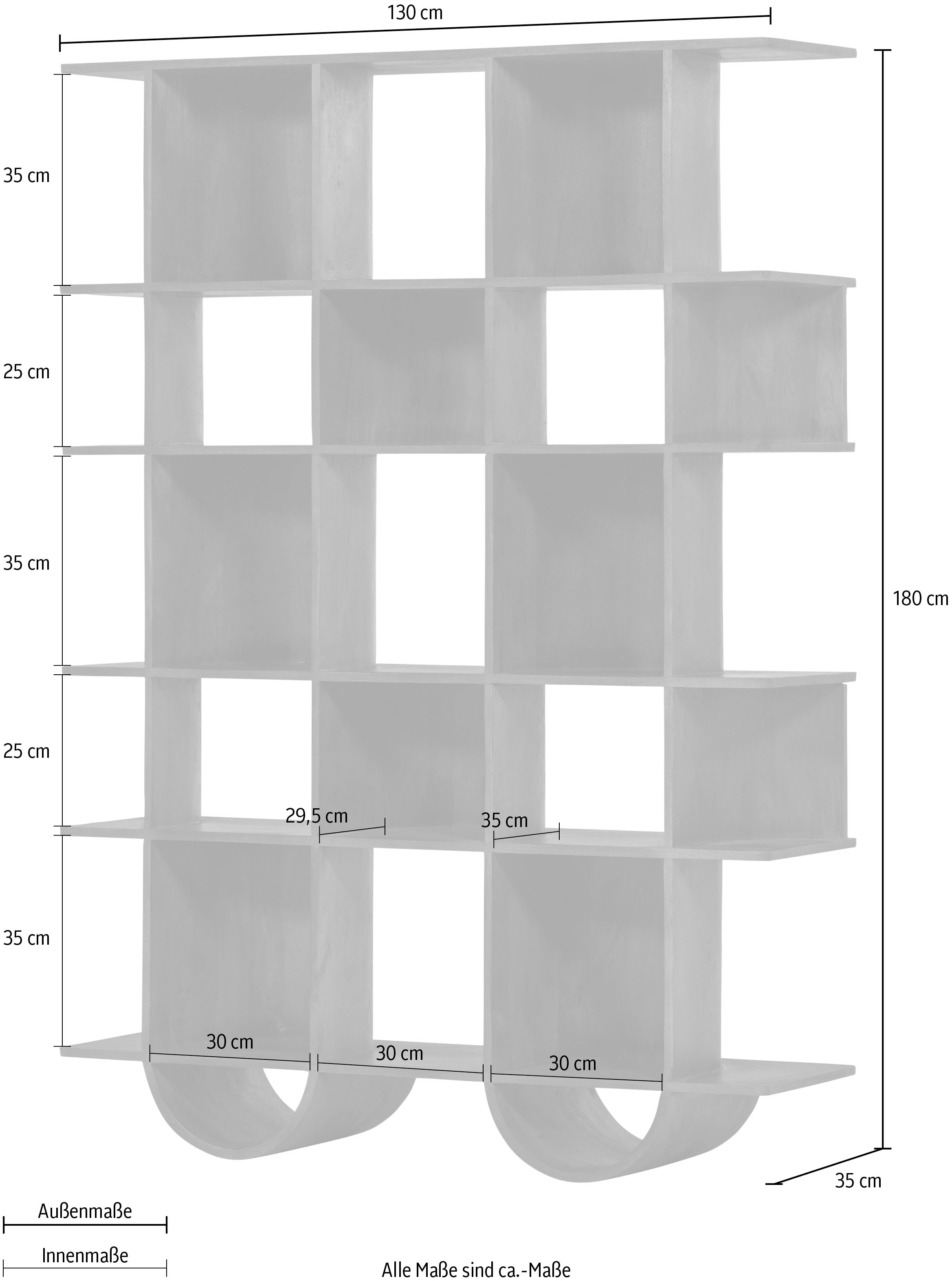 WOOOD Wandregal »Sinne mit Massivmangoholz und abgerundeten Fächern 130 x 35 x 180 cm« Abgerundete Beine, Tragkraft 36 kg, einfach zu montieren
